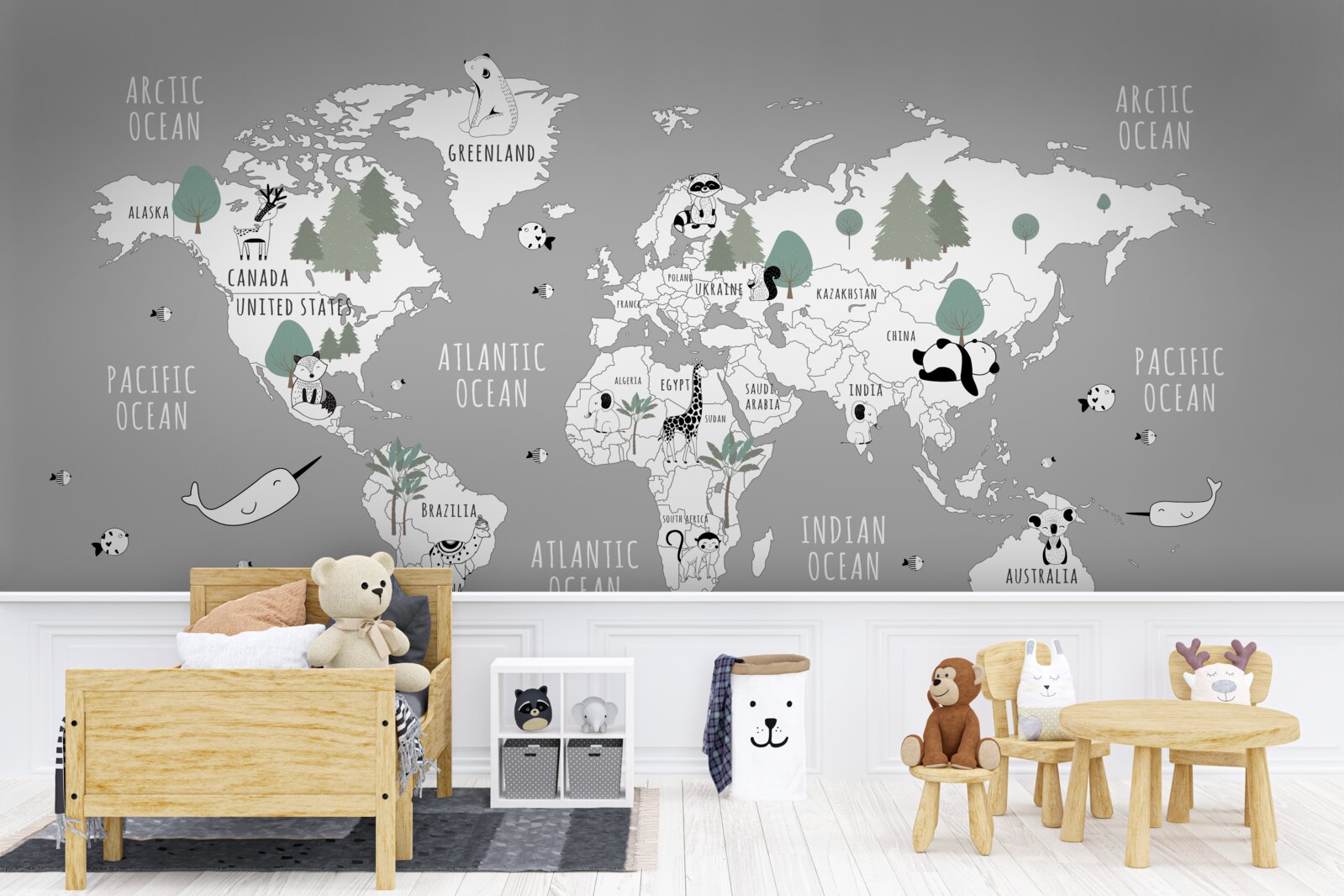 Fototapet harta lumii în alb, decorată cu pandas