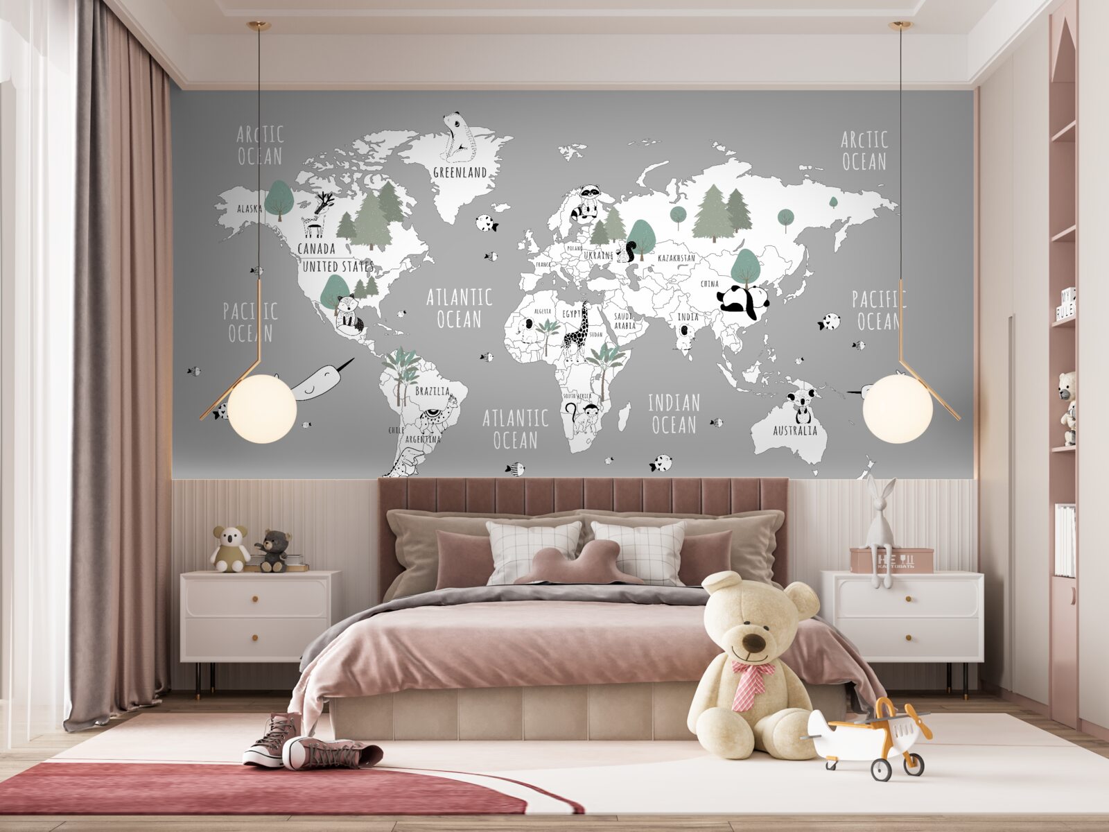 Fototapet harta lumii în alb, decorată cu pandas