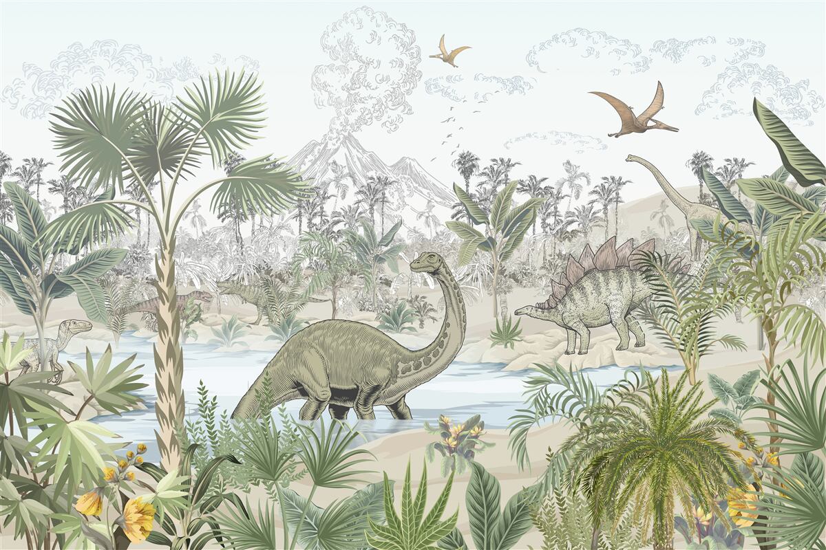 Fototapet există dinozauri în pădurea de lângă apă