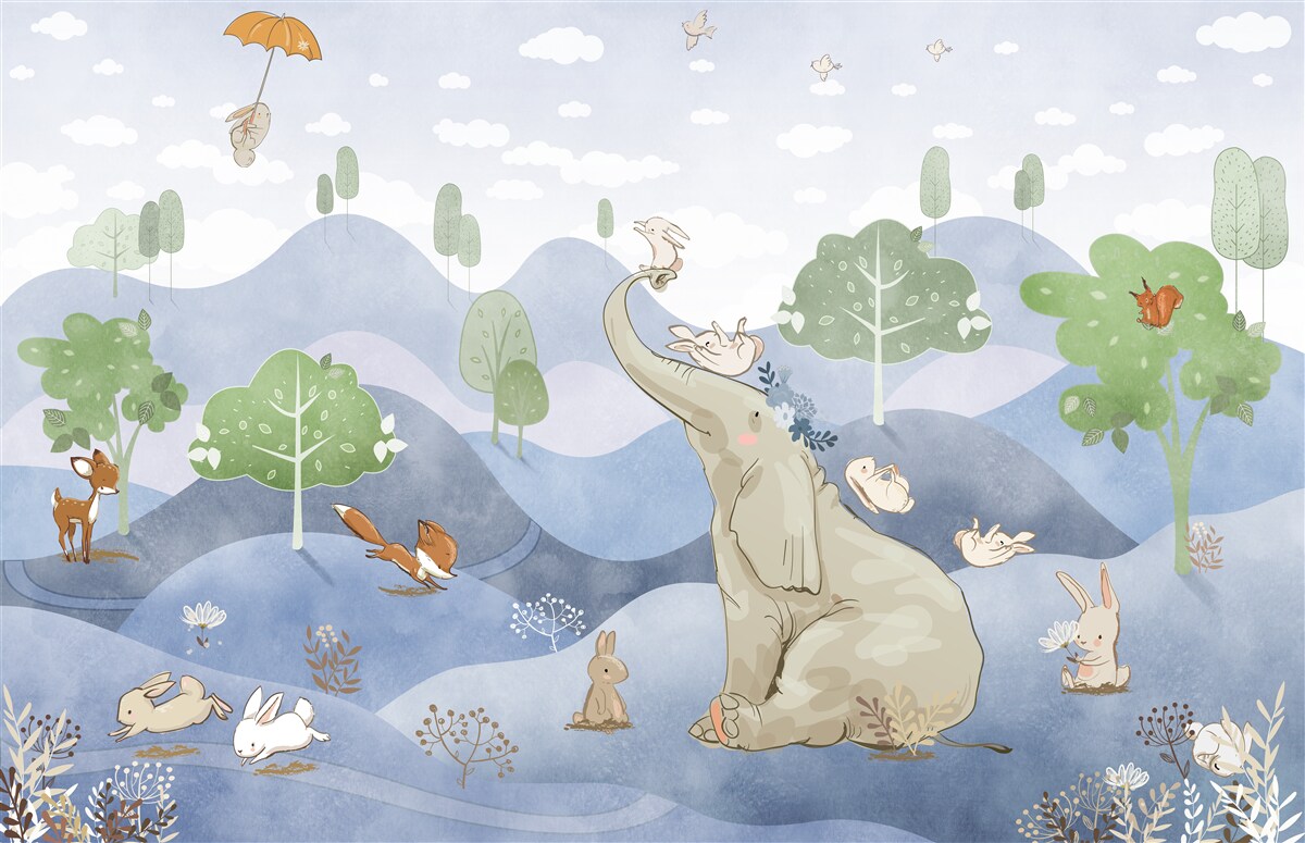 Fototapet un pui de elefant se plimbă cu prietenii săi mai mici