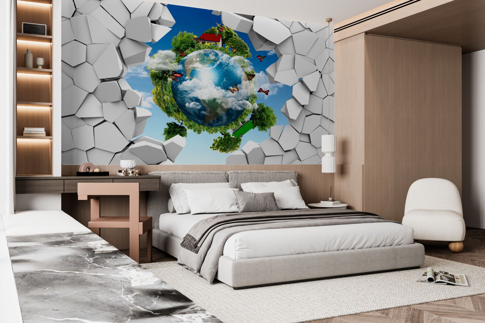 Fototapet Un zid de piatră și o planetă acoperită de verdeață