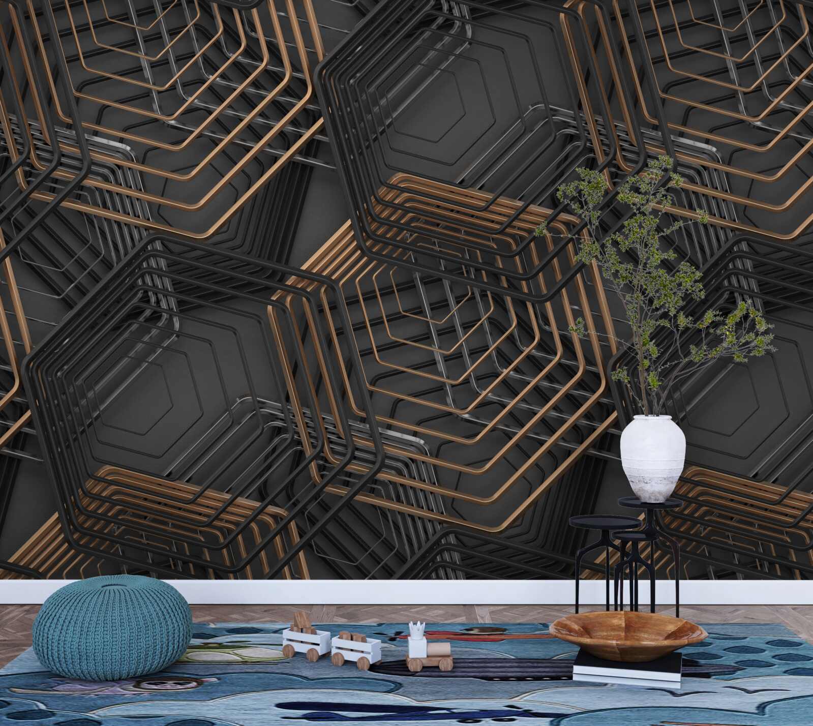 Fototapet pentagoane negre și maro cu structură grilă