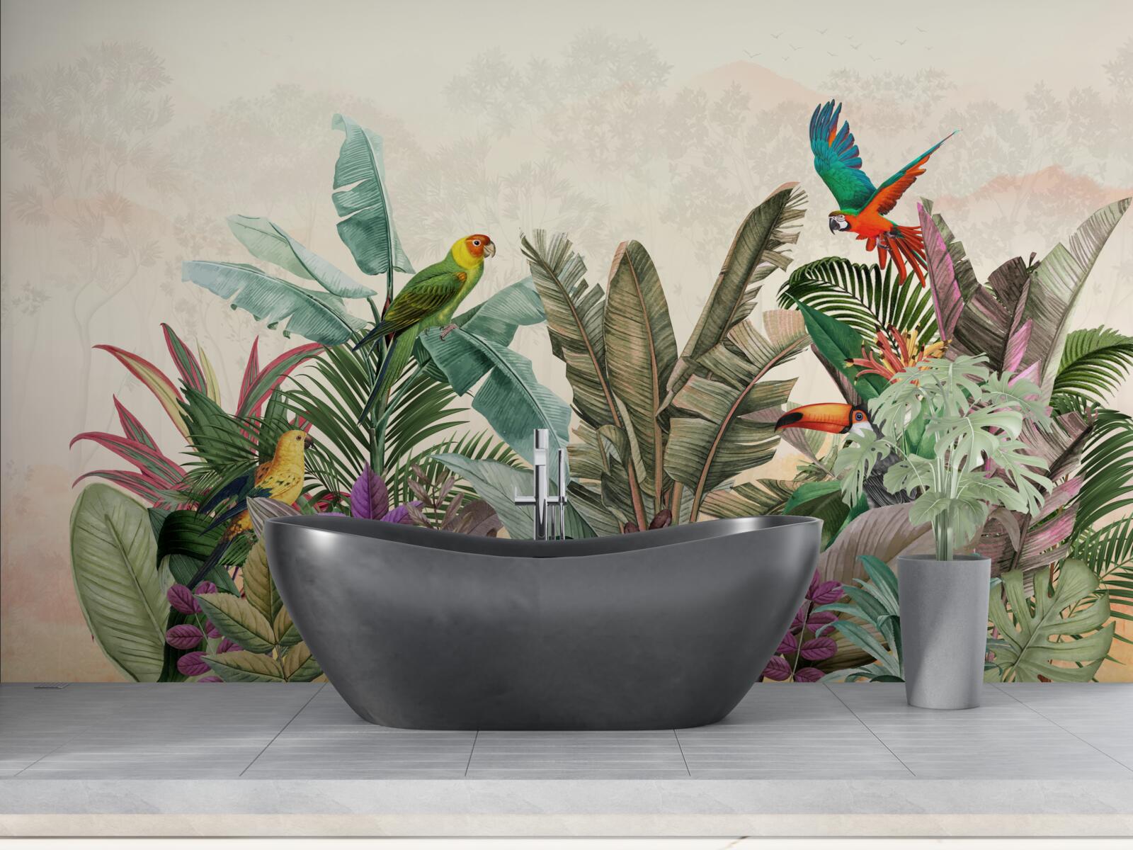 Fototapet frunze tropicale decorate cu păsări