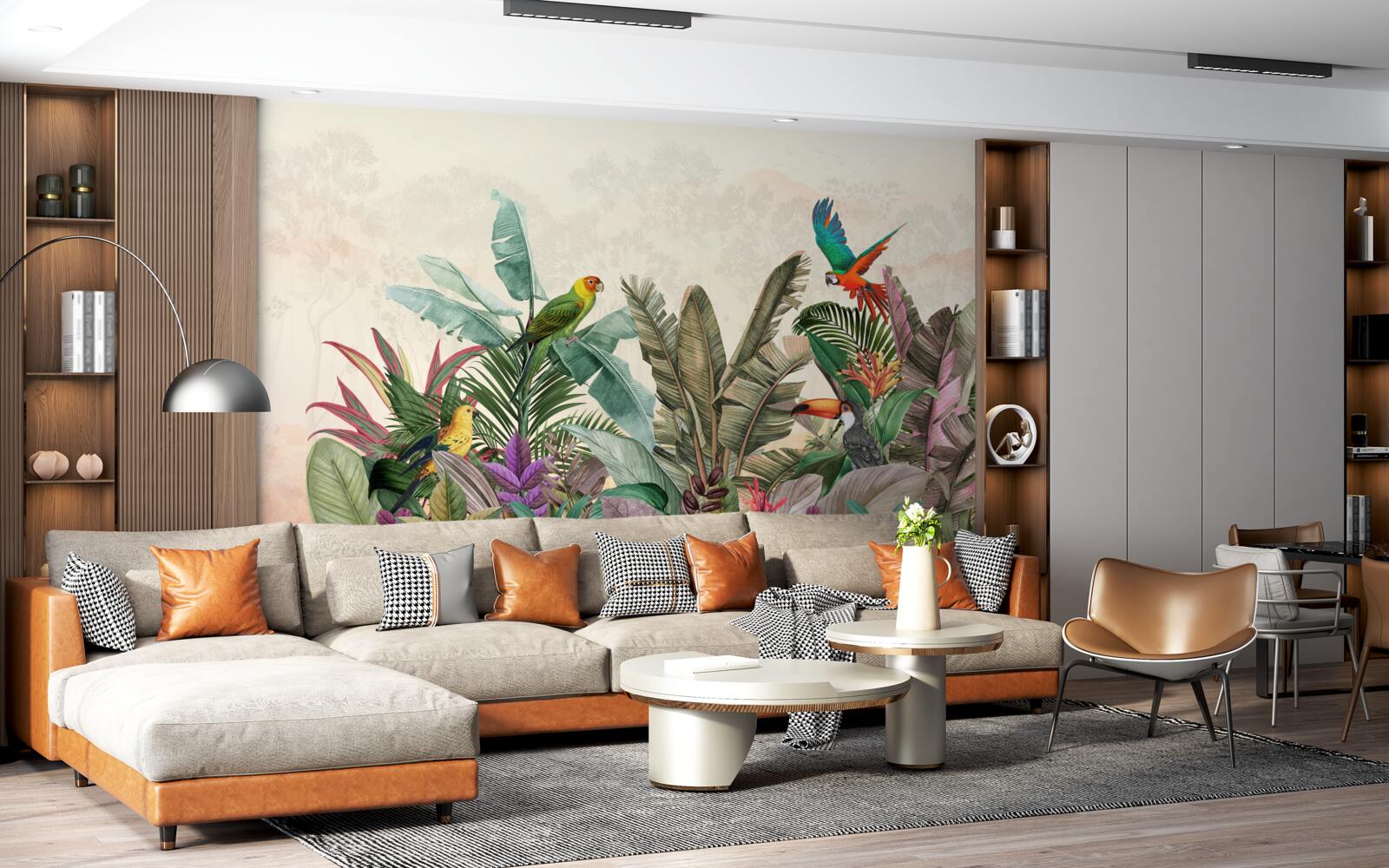 Fototapet frunze tropicale decorate cu păsări