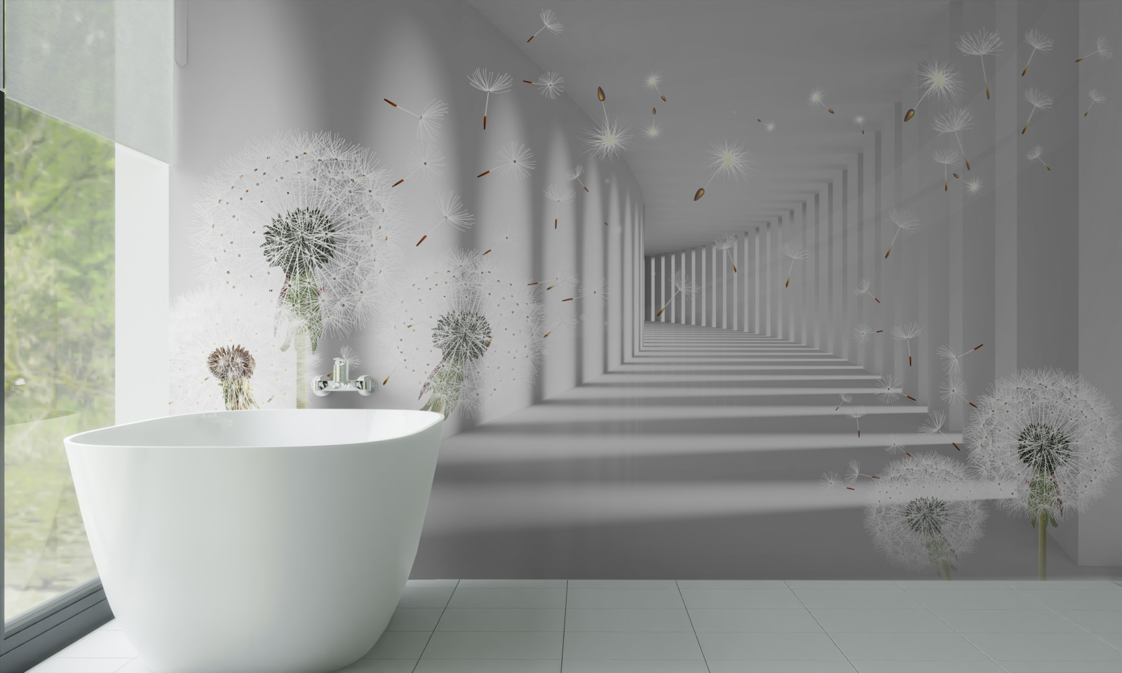 Fototapet petalele de păpădie sunt aduse în tunel