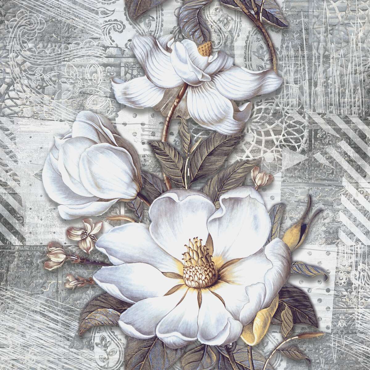 Fototapet flori albe mari pe un fundal de modele abstracte