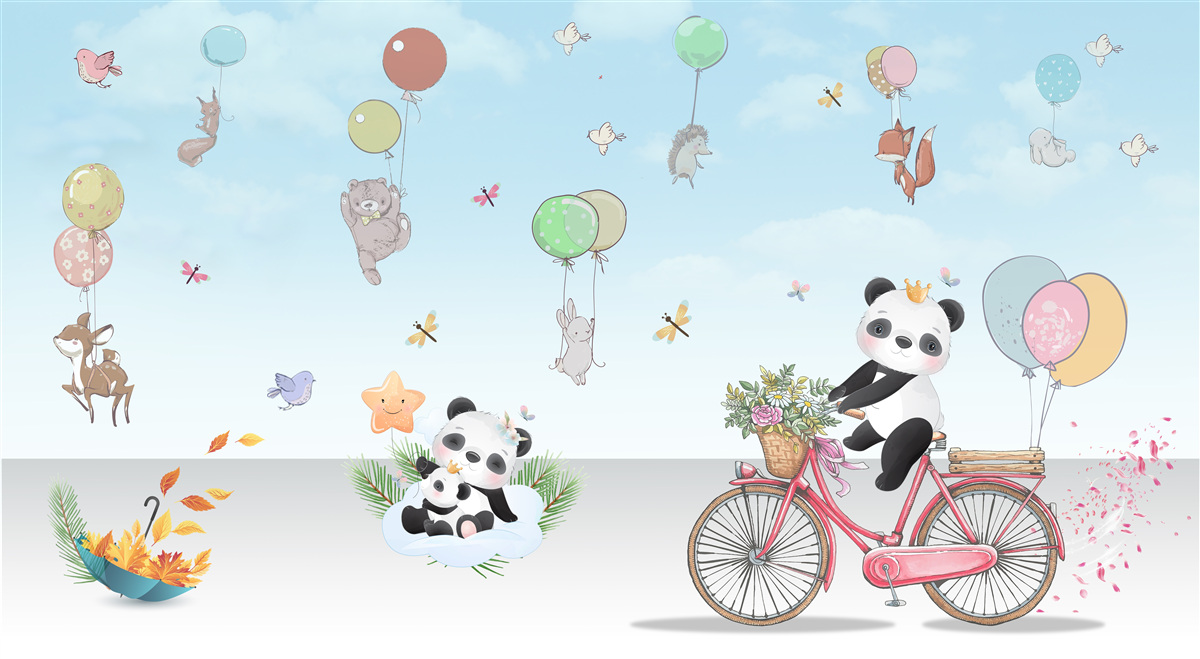 Fototapet baloane cu pandas și alte animale