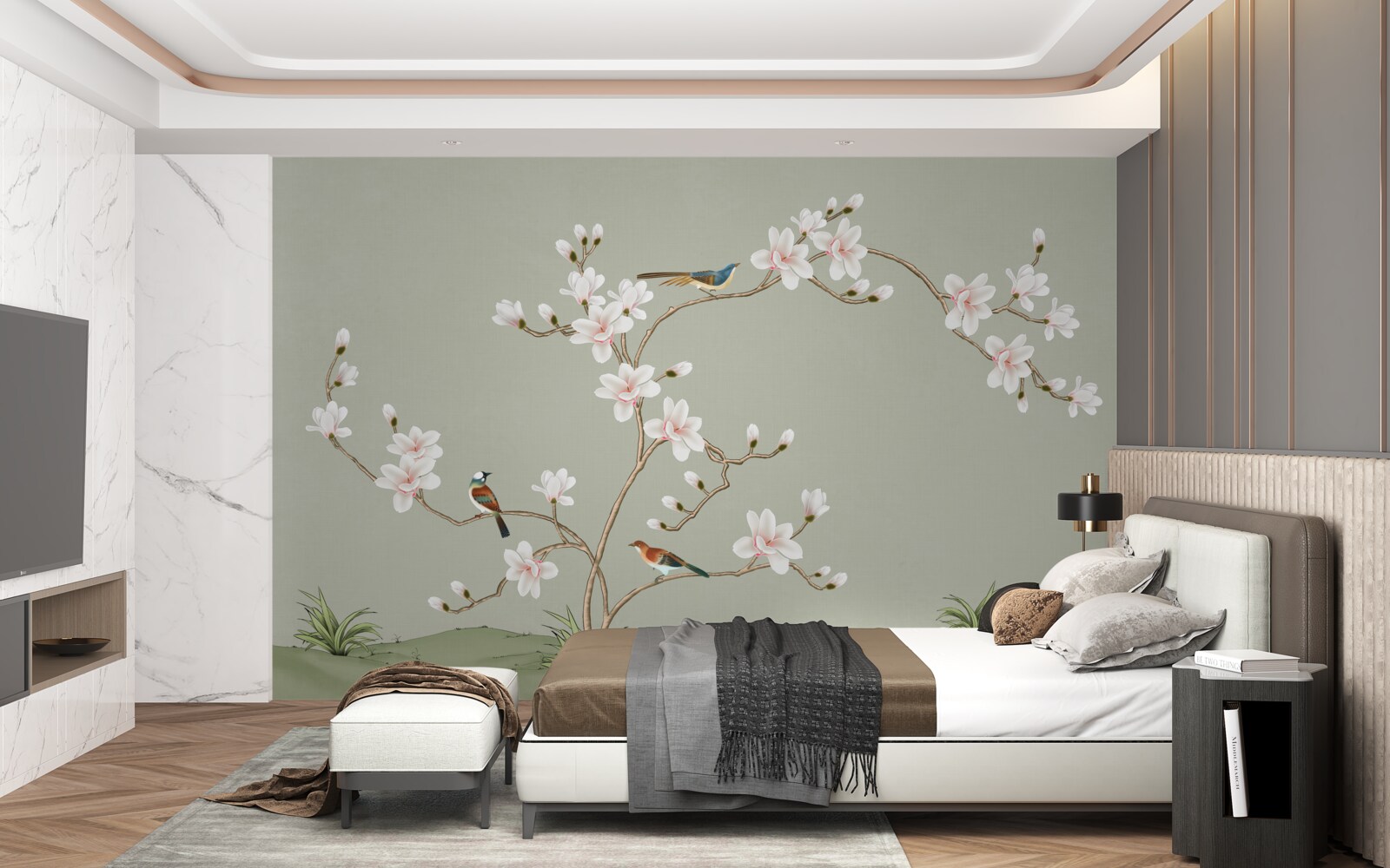 Fototapet copac elegant decorat cu flori și înconjurat de păsări