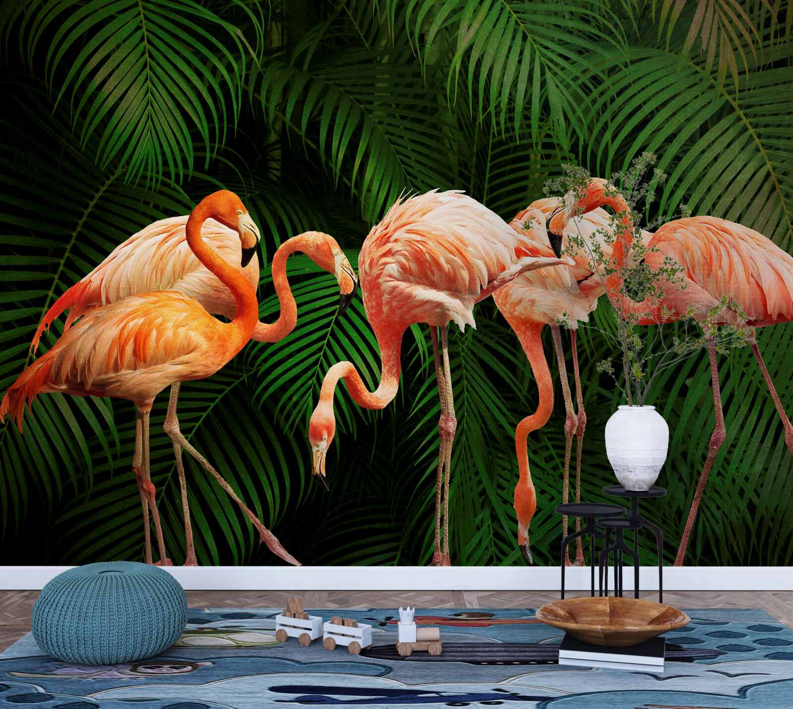 Fototapet flamingo roz într-o pădure cu copaci verzi