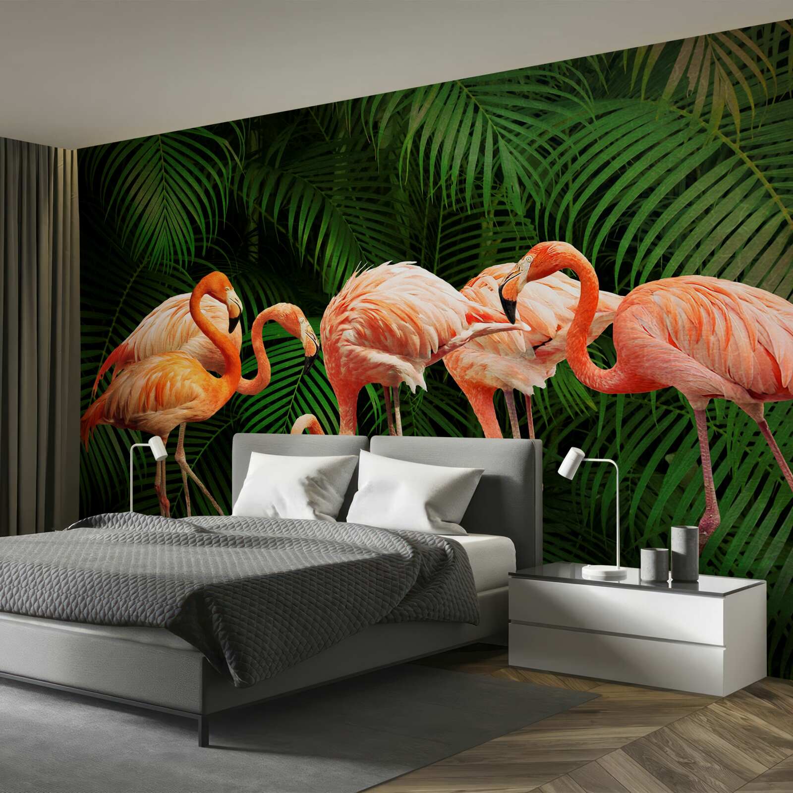 Fototapet flamingo roz într-o pădure cu copaci verzi