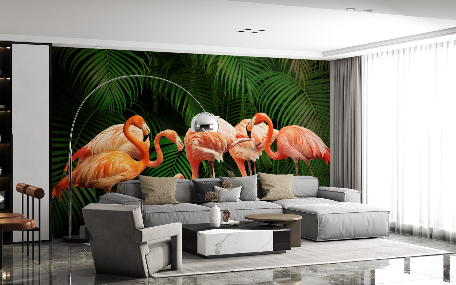 Fototapet flamingo roz într-o pădure cu copaci verzi