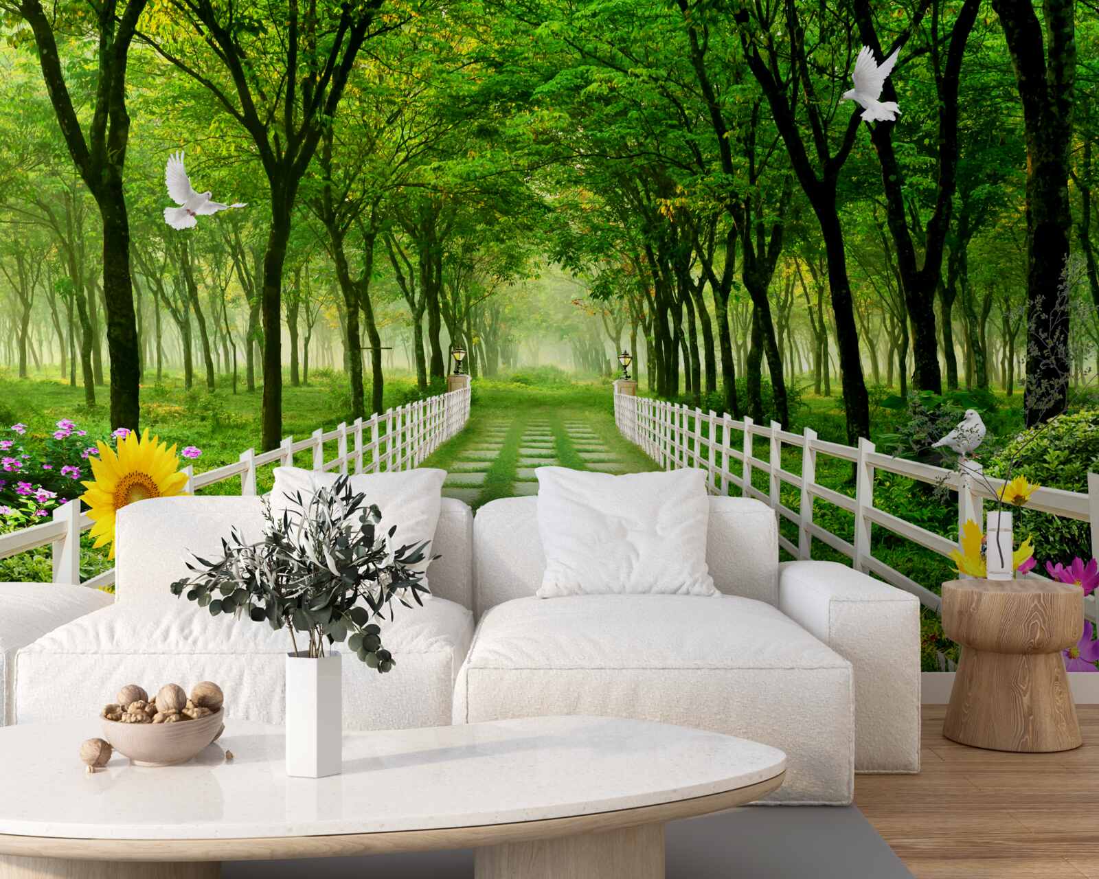 Fototapet o pădure verde și luxuriantă și o cărare presărată cu flori