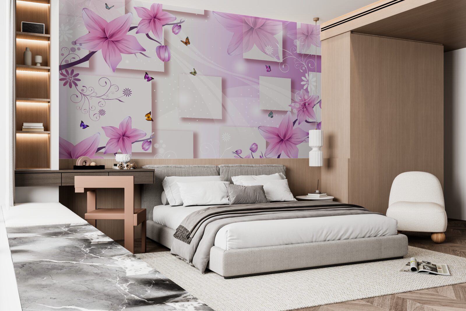 Fototapet forme geometrice decorate cu flori mov închis