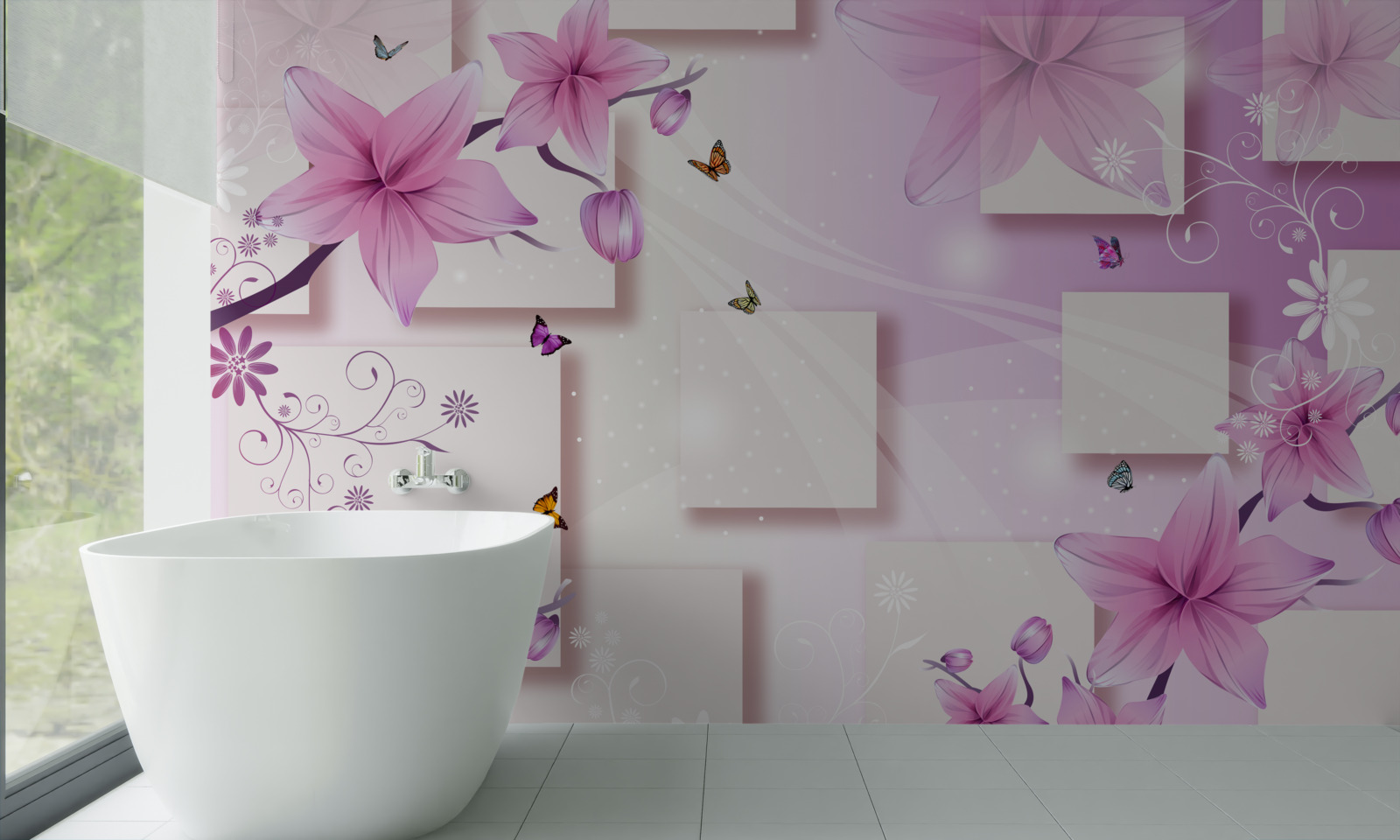 Fototapet forme geometrice decorate cu flori mov închis