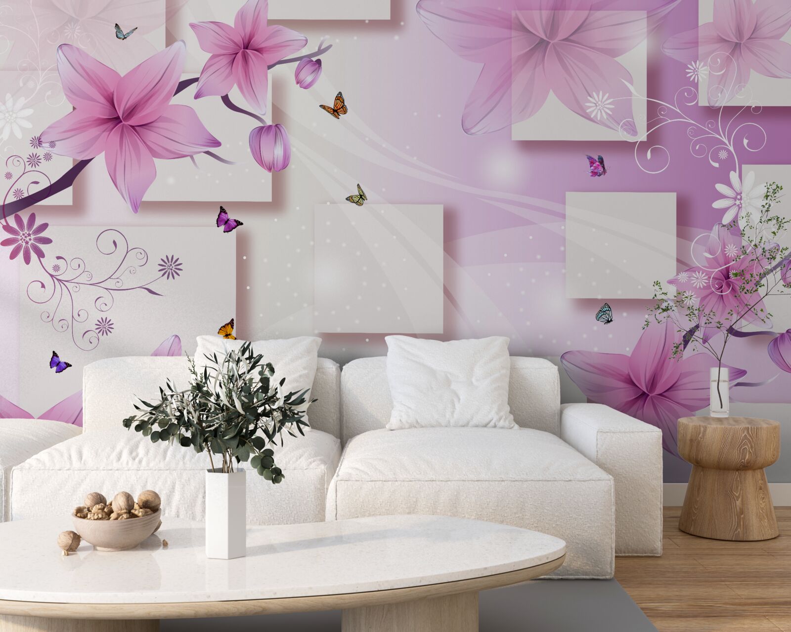 Fototapet forme geometrice decorate cu flori mov închis