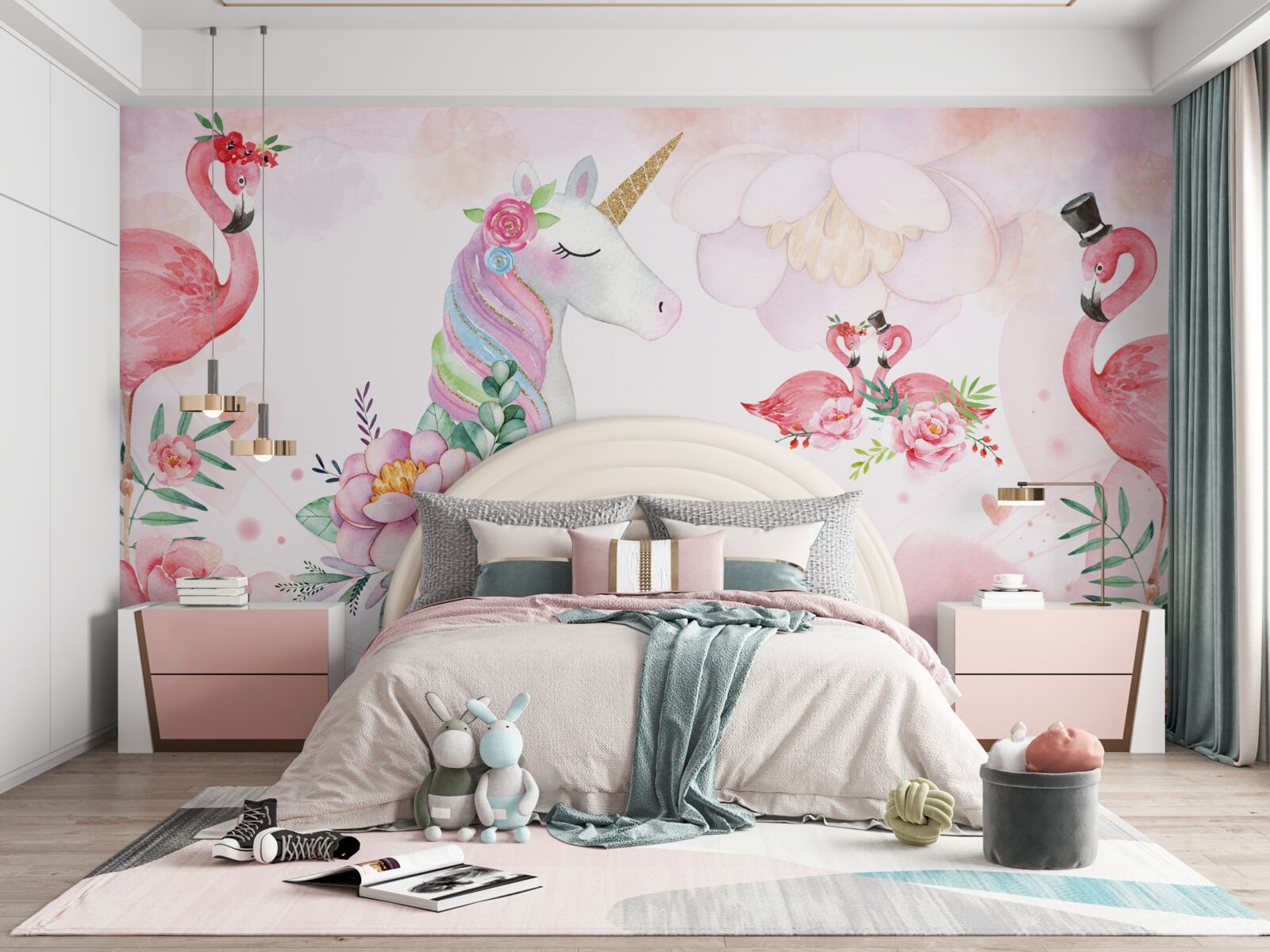 Fototapet animale roz decorate cu flori
