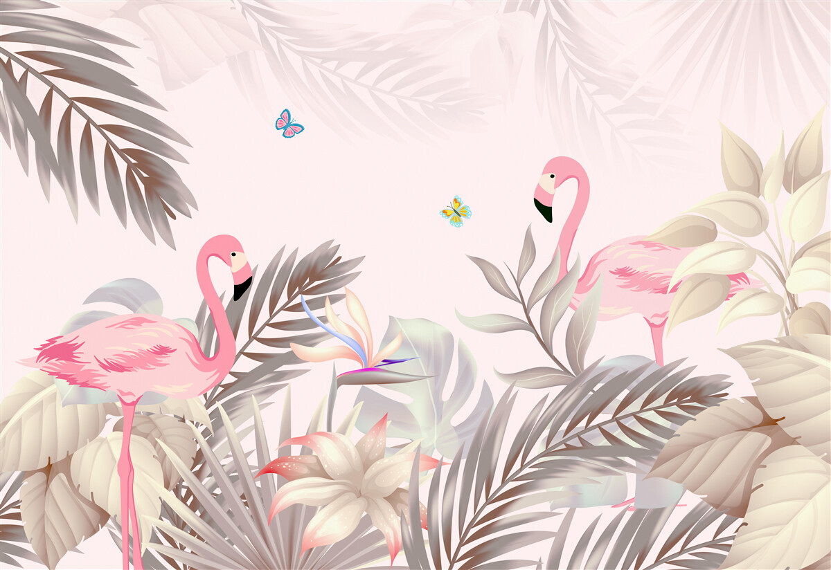 Fototapet flamingo printre copaci