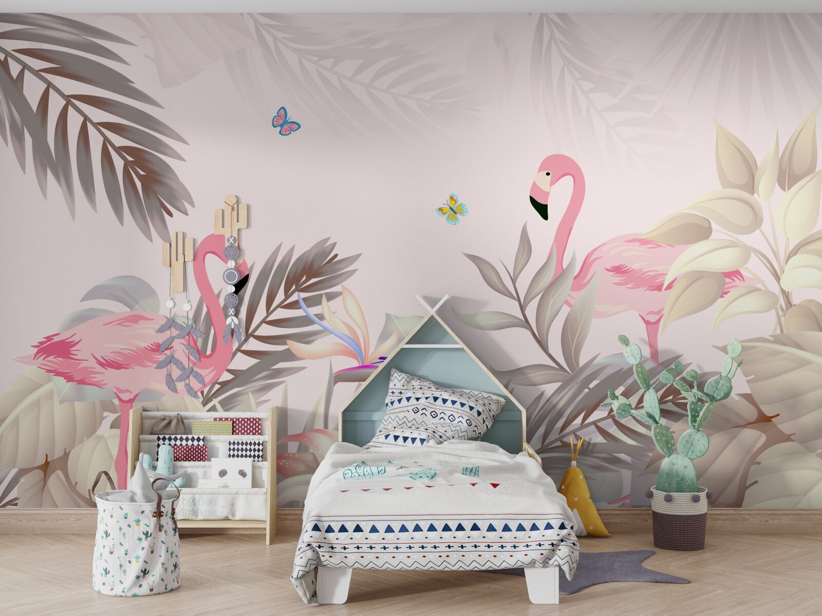 Fototapet flamingo printre copaci