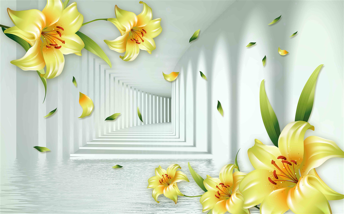 Fototapet tunel tridimensional cu crini galbeni