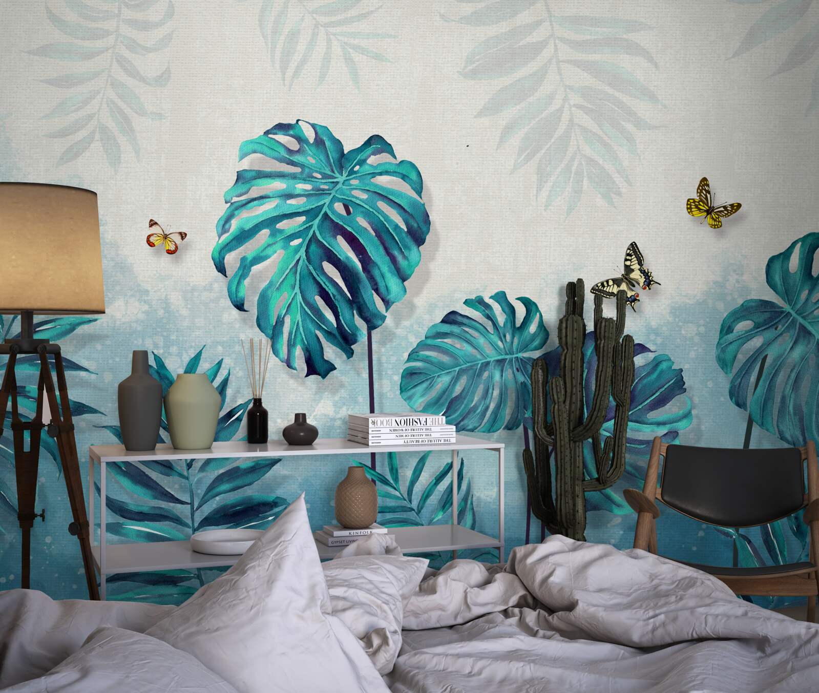 Fototapet frunzele monstera sunt albastre, decorate cu fluturi