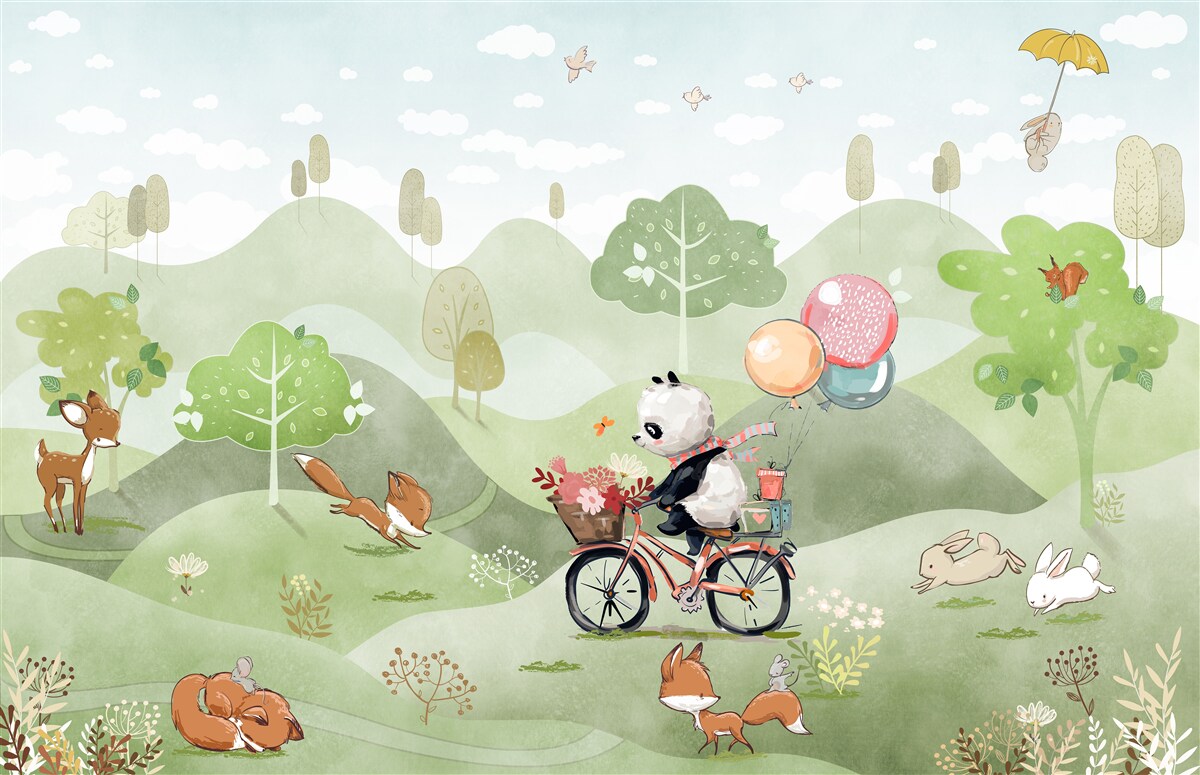 Fototapet bicicleta pe care călărește panda