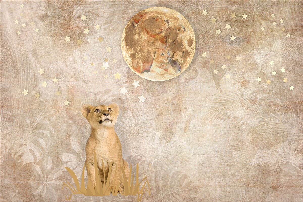 Fototapet micul leu se uită la lună