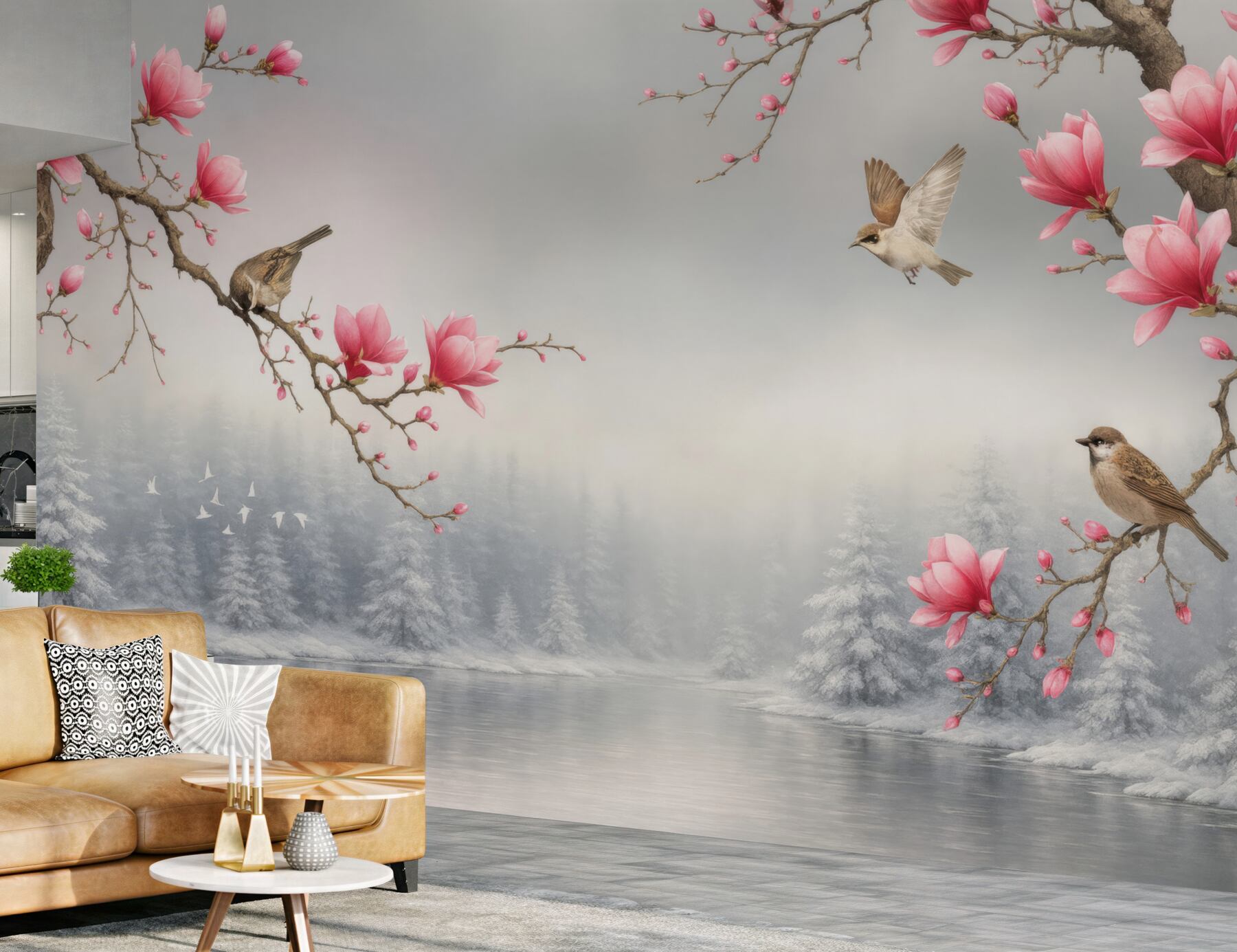 Fototapeta różowe magnolie i ptaki nad jeziorem