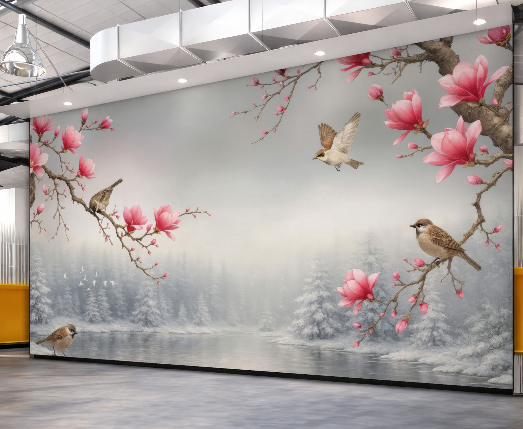 Fototapeta różowe magnolie i ptaki nad jeziorem