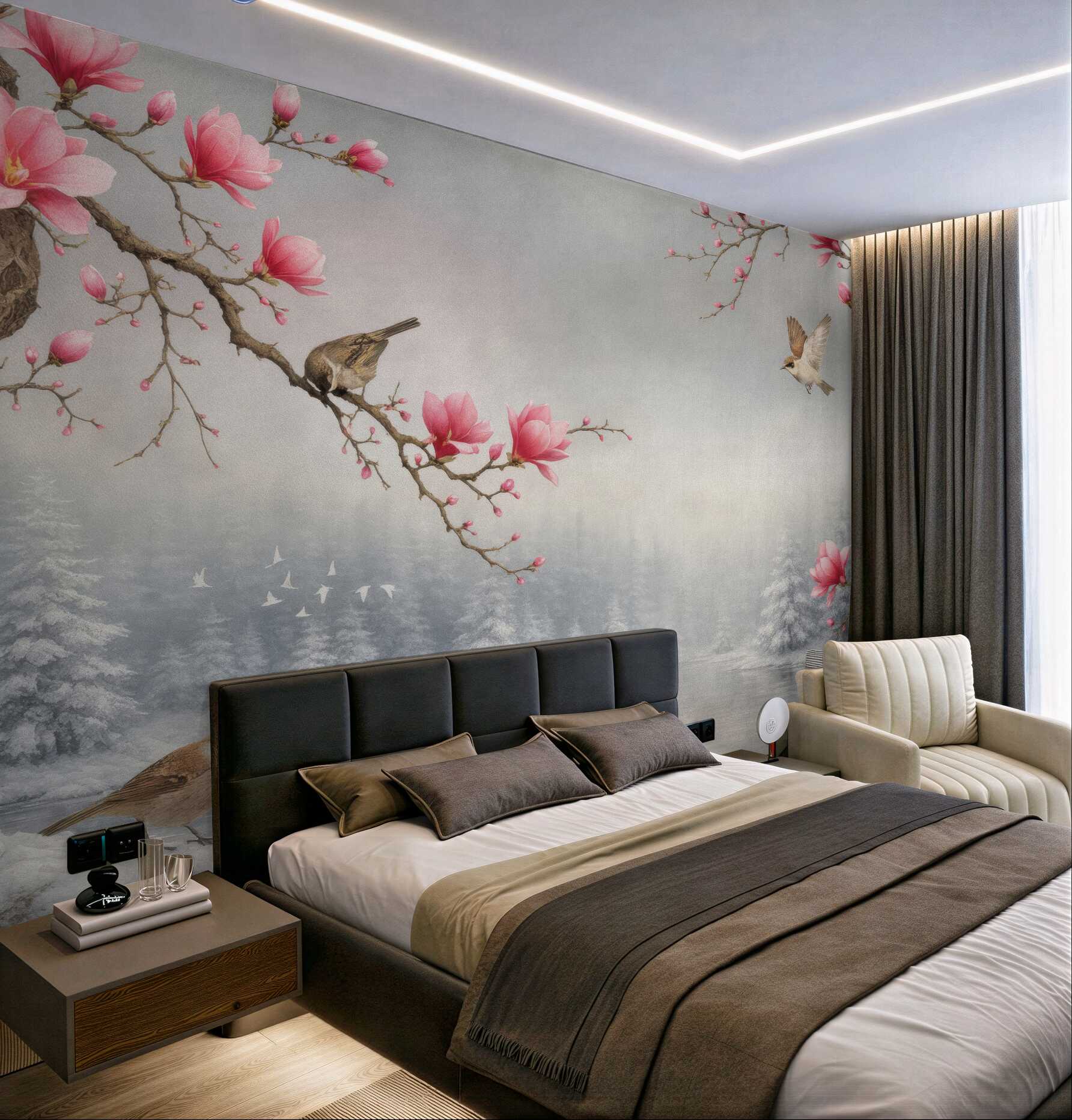 Fototapeta różowe magnolie i ptaki nad jeziorem