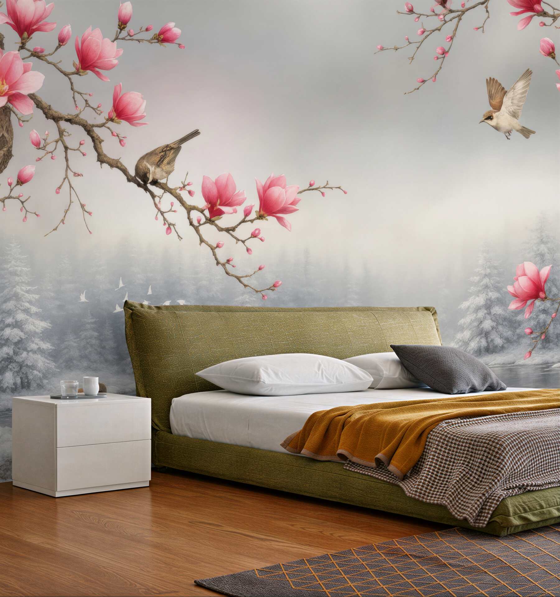 Fototapeta różowe magnolie i ptaki nad jeziorem