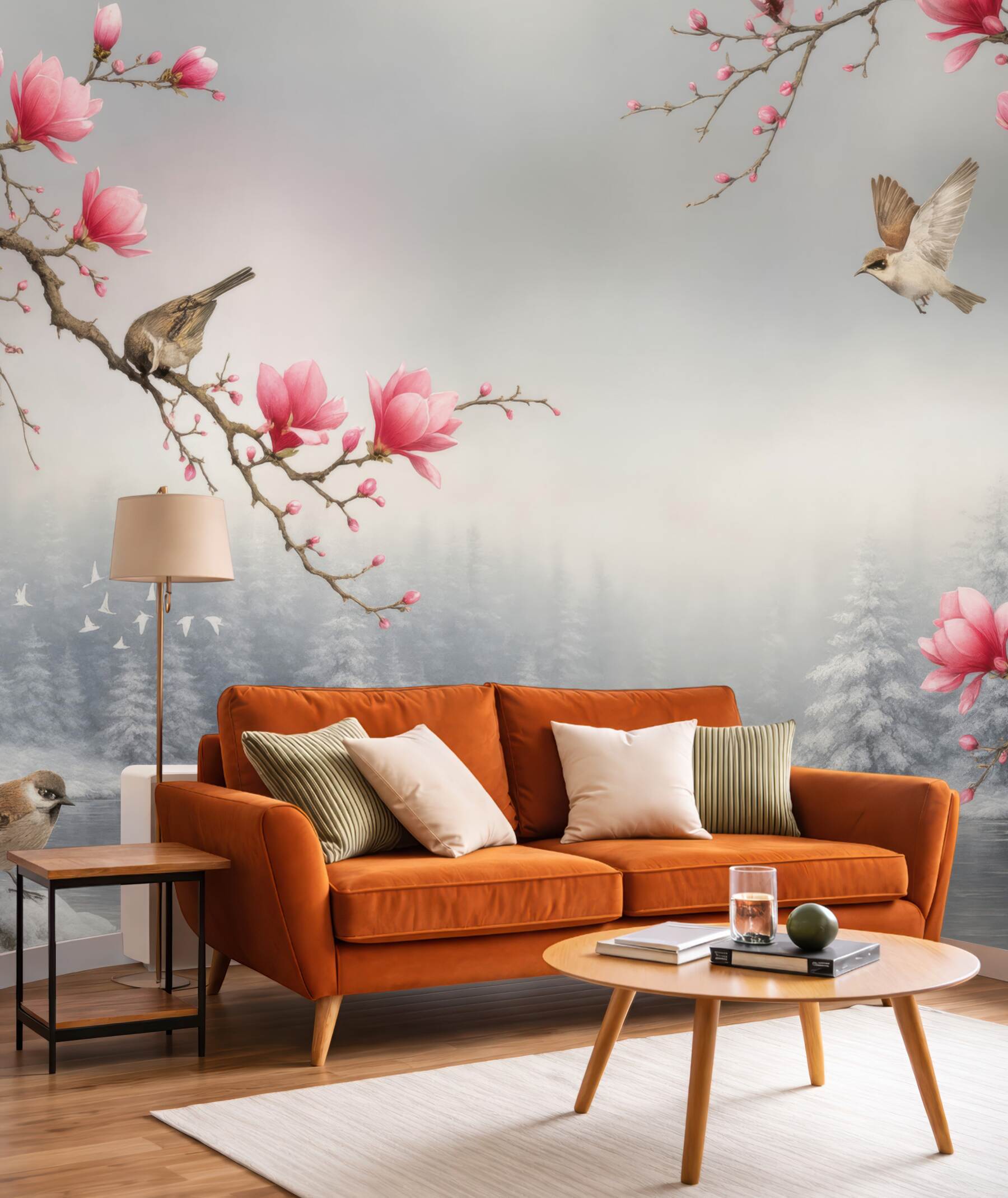 Fototapeta różowe magnolie i ptaki nad jeziorem