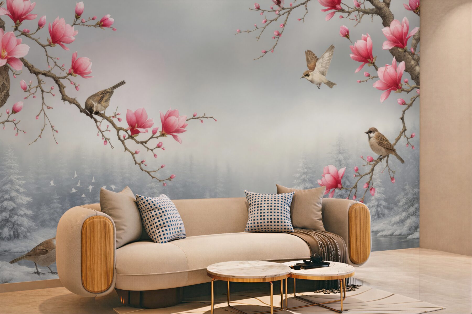 Fototapeta różowe magnolie i ptaki nad jeziorem