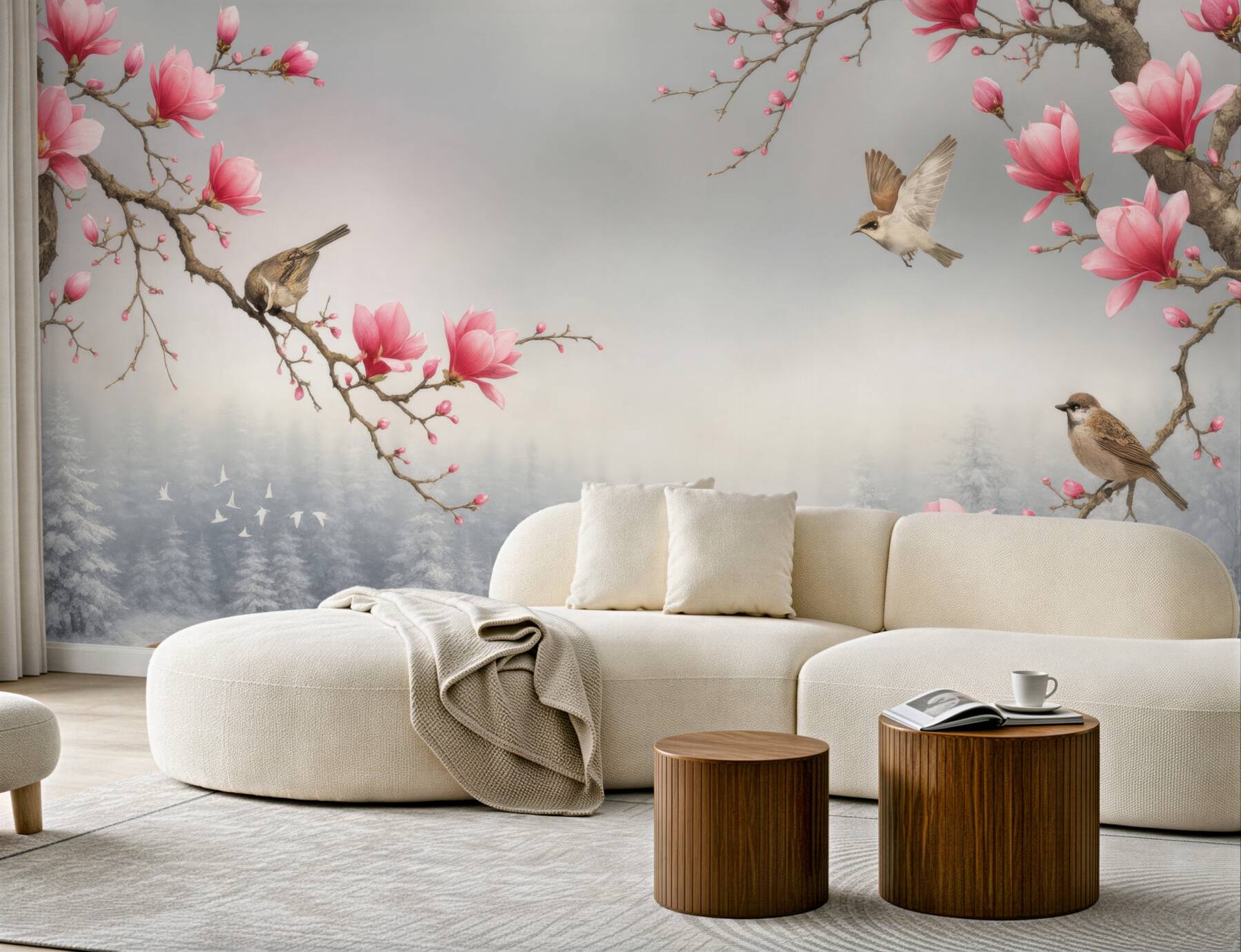 Fototapeta różowe magnolie i ptaki nad jeziorem