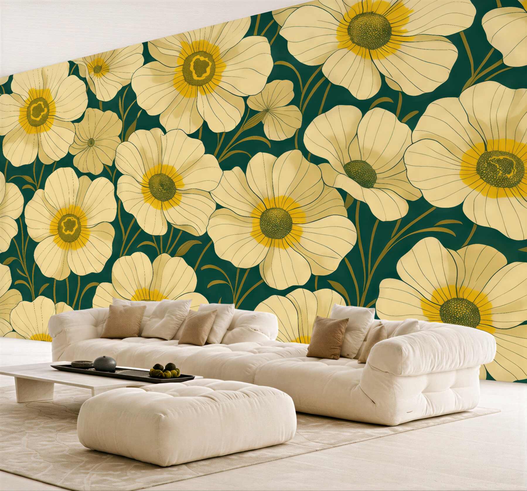 Fototapeta kremowe kwiaty na szmaragdowym tle