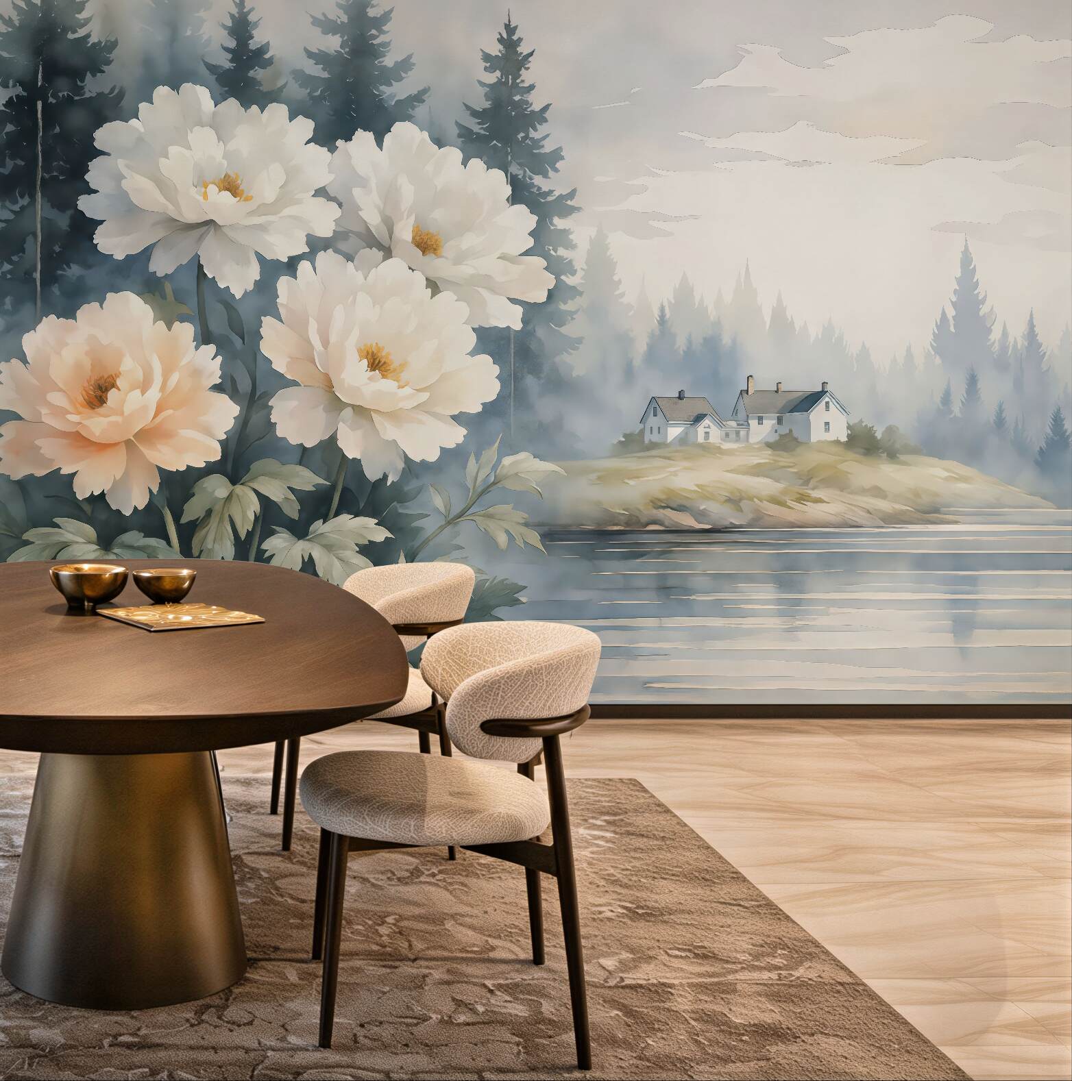 Fototapeta romantyczne piwonie nad leśnym jeziorem