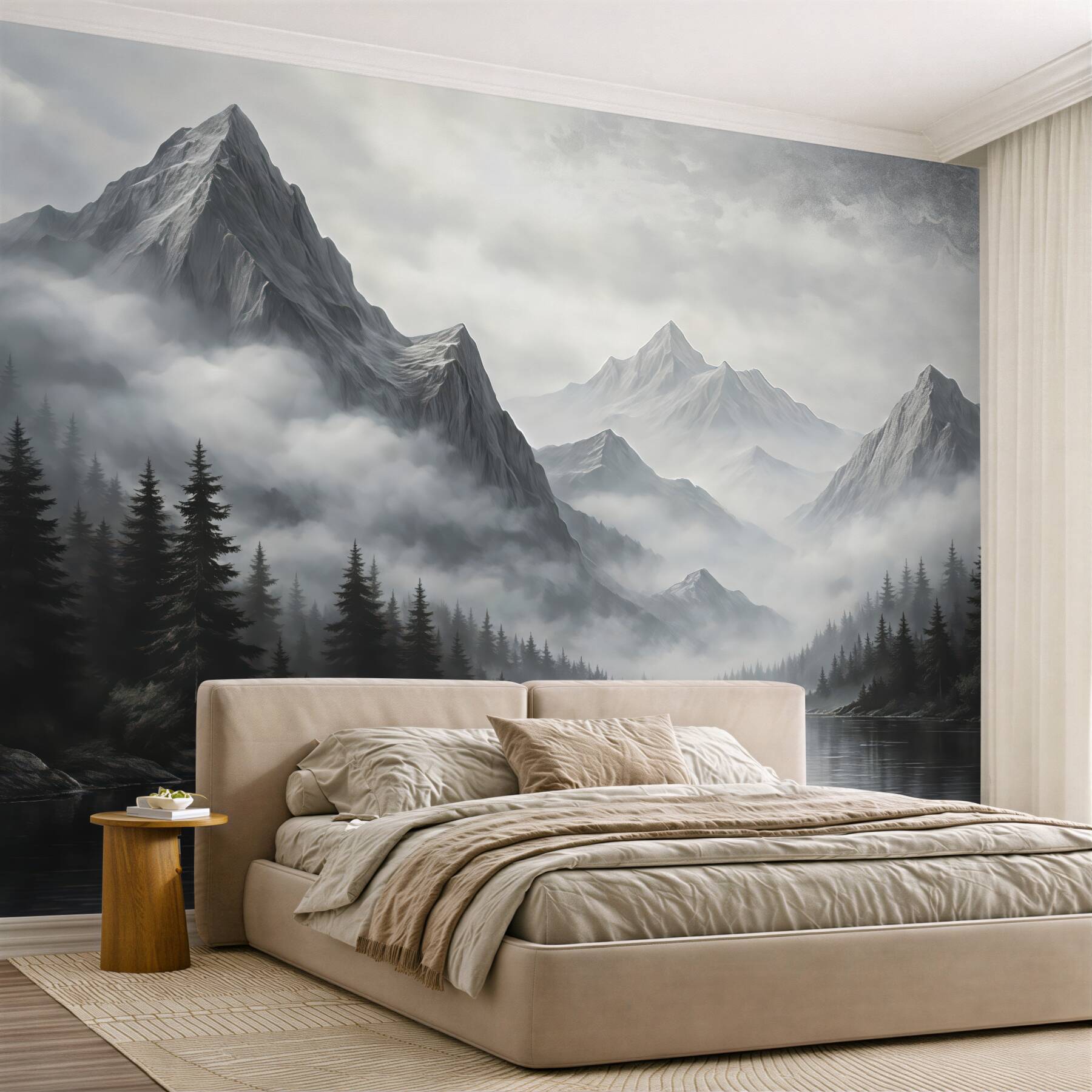 Fototapeta mgliste góry nad spokojnym jeziorem