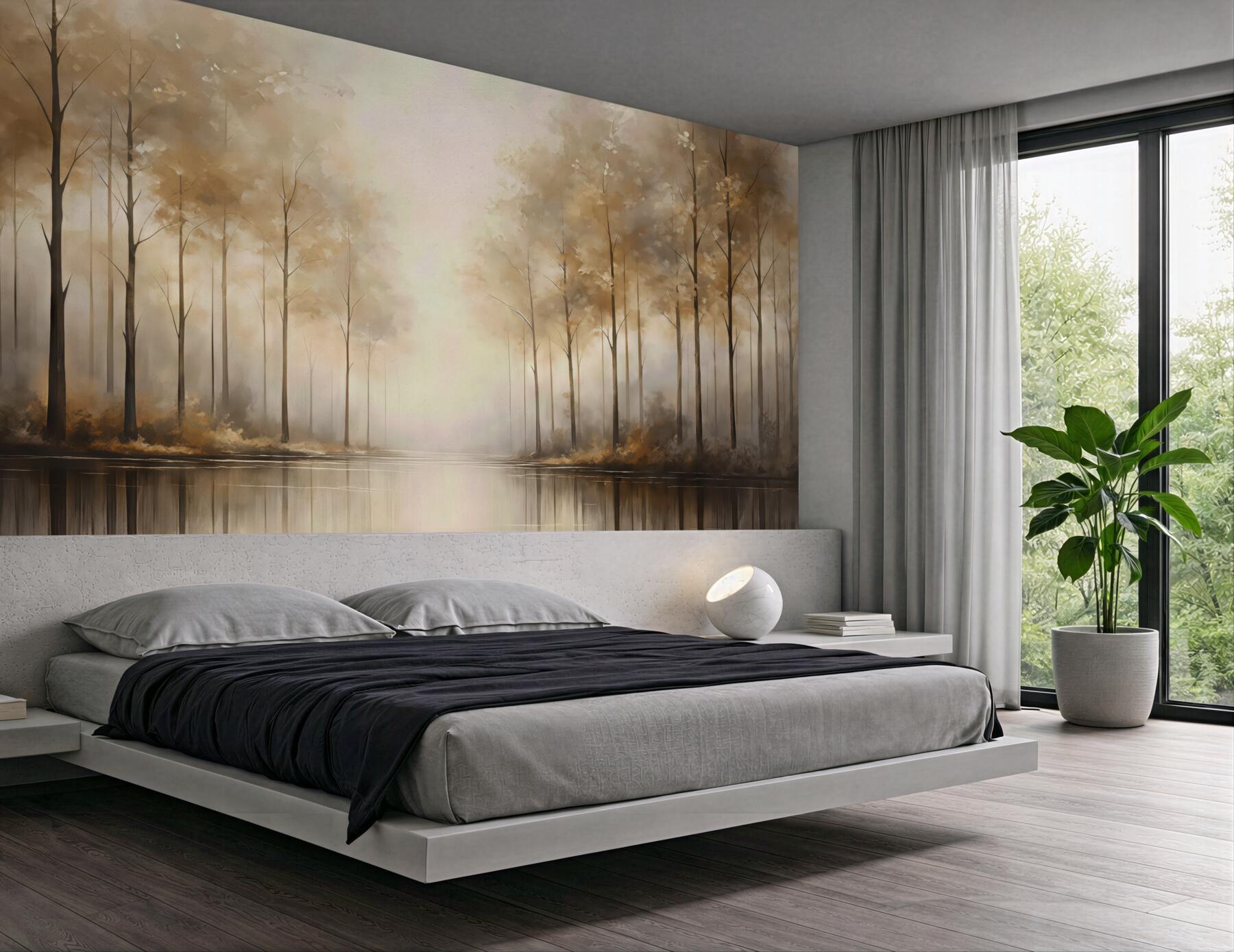 Fototapeta mglisty las nad jeziorem