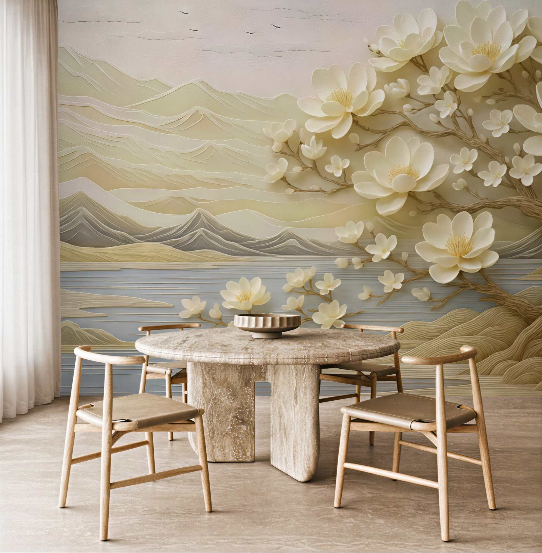 Fototapeta kremowa magnolia nad spokojnym jeziorem