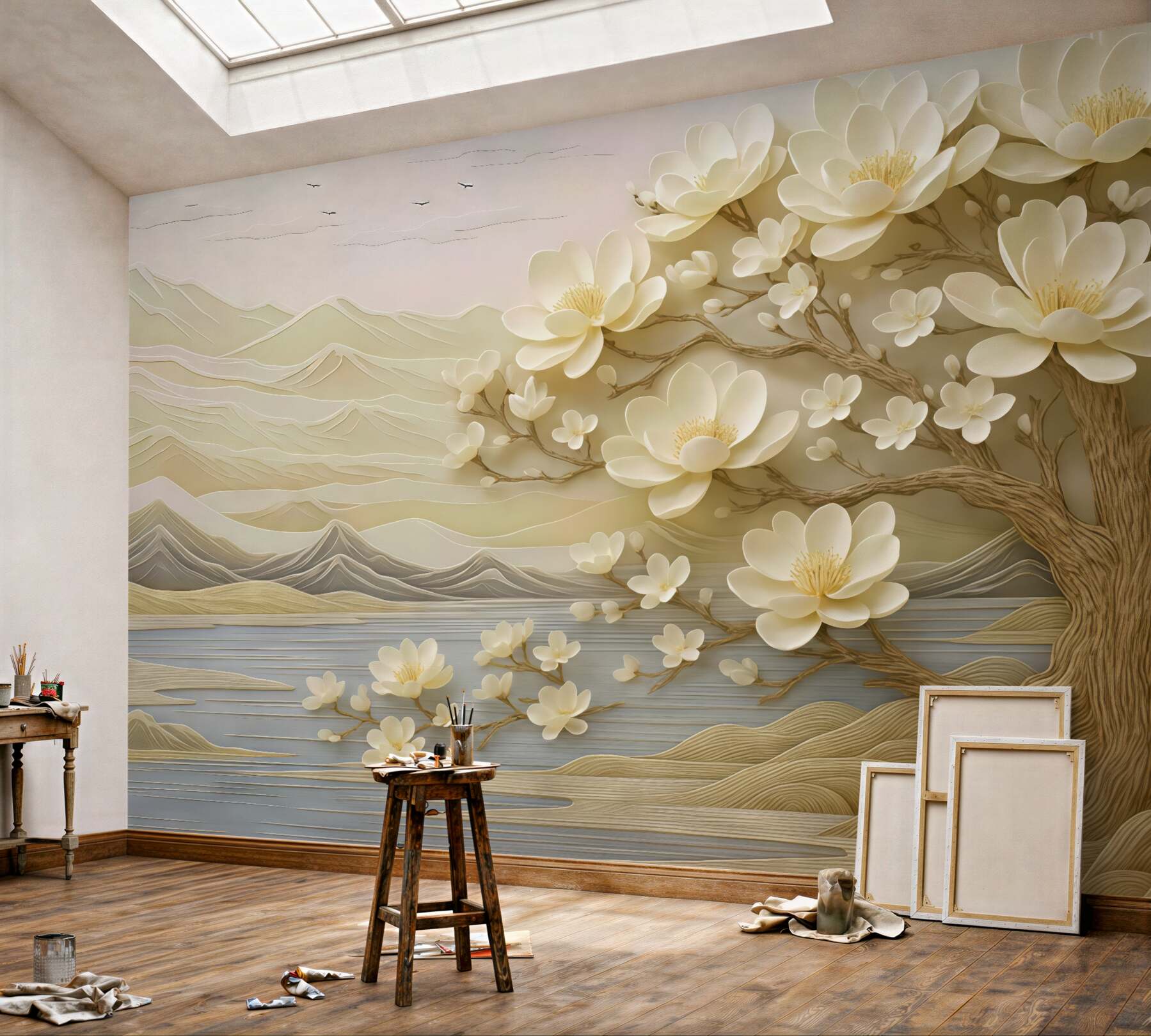 Fototapeta kremowa magnolia nad spokojnym jeziorem