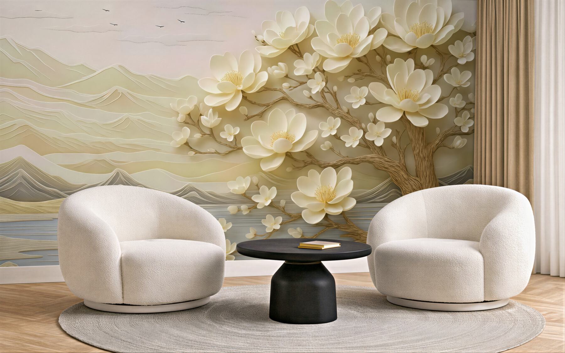 Fototapeta kremowa magnolia nad spokojnym jeziorem