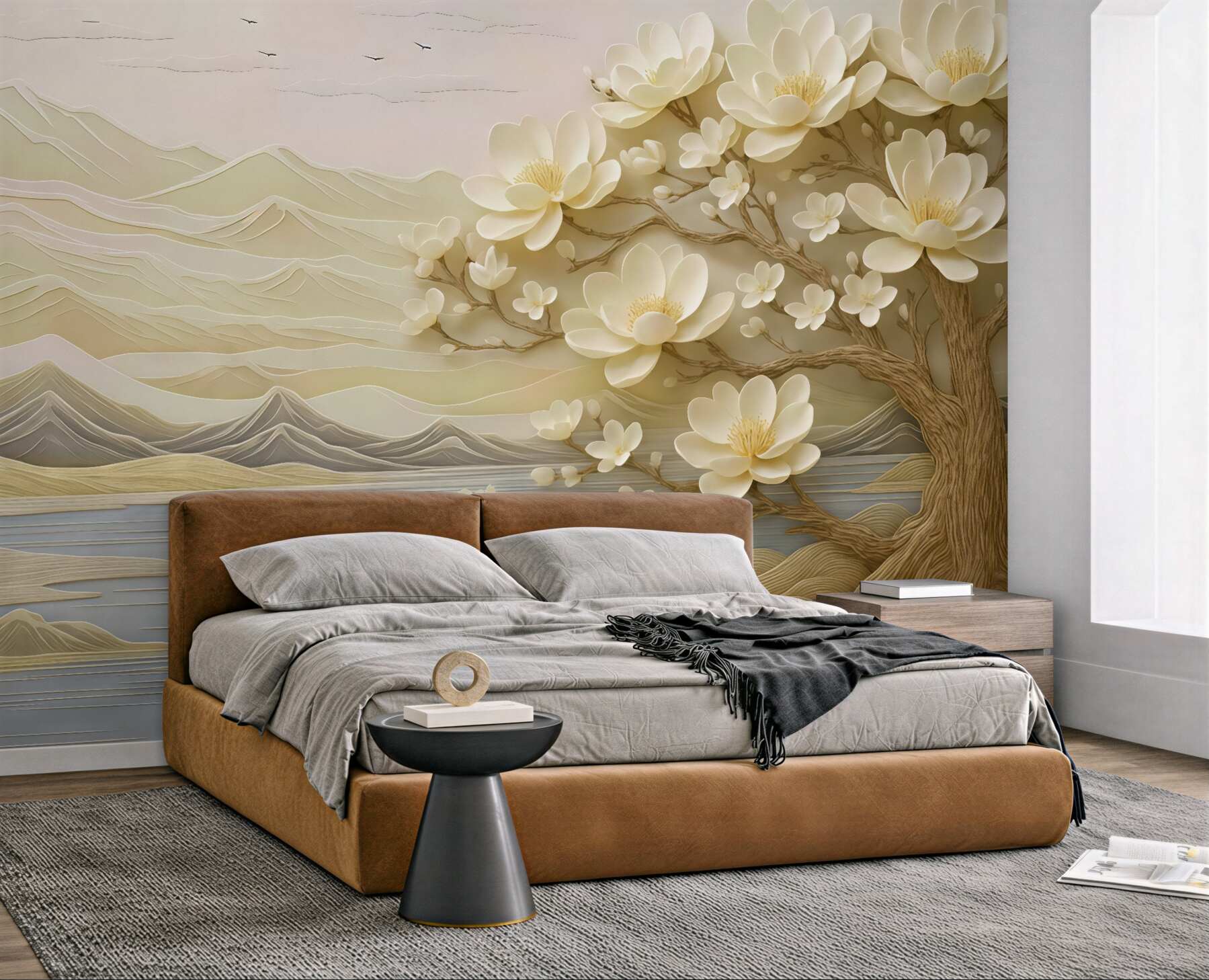 Fototapeta kremowa magnolia nad spokojnym jeziorem