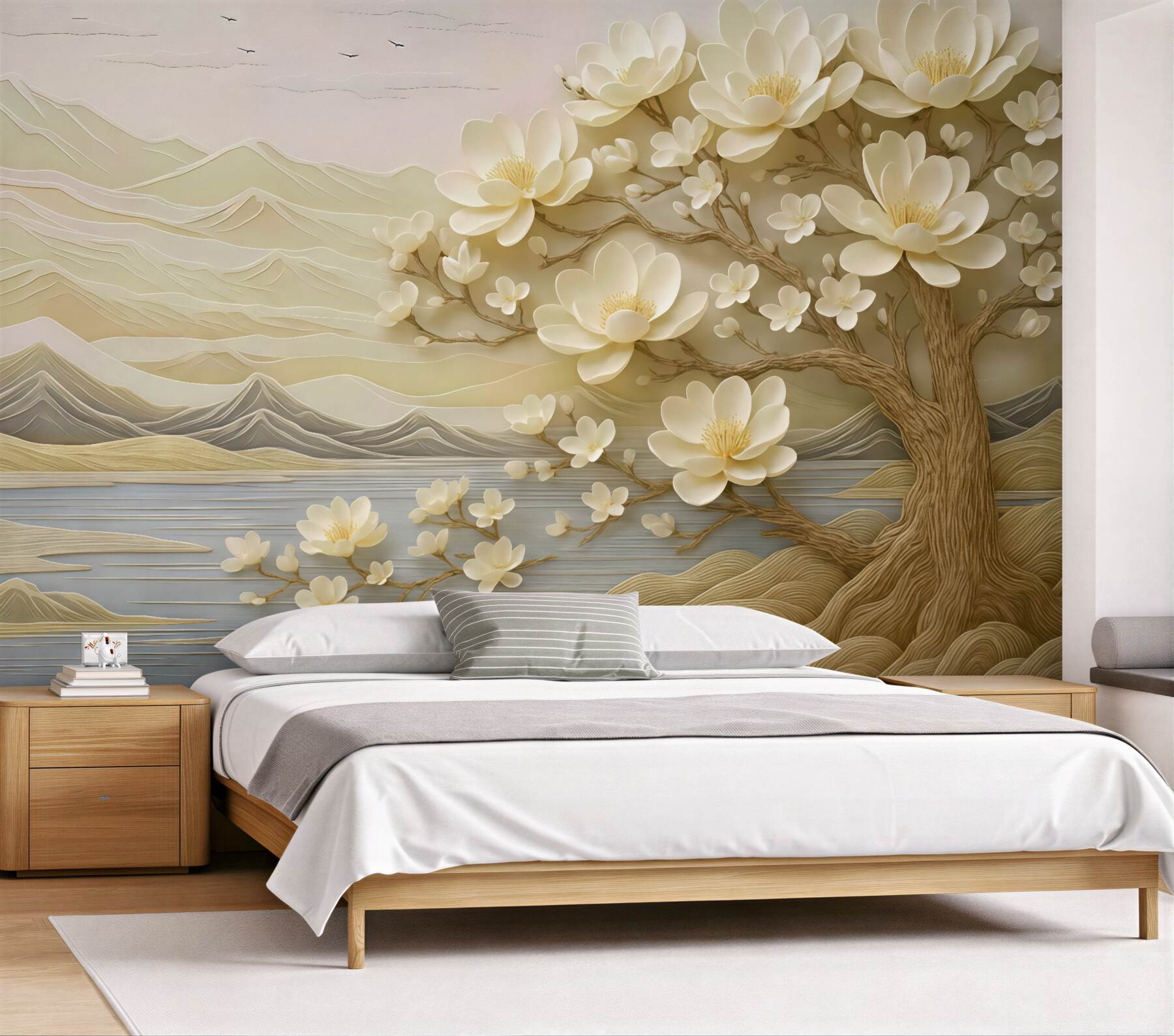 Fototapeta kremowa magnolia nad spokojnym jeziorem
