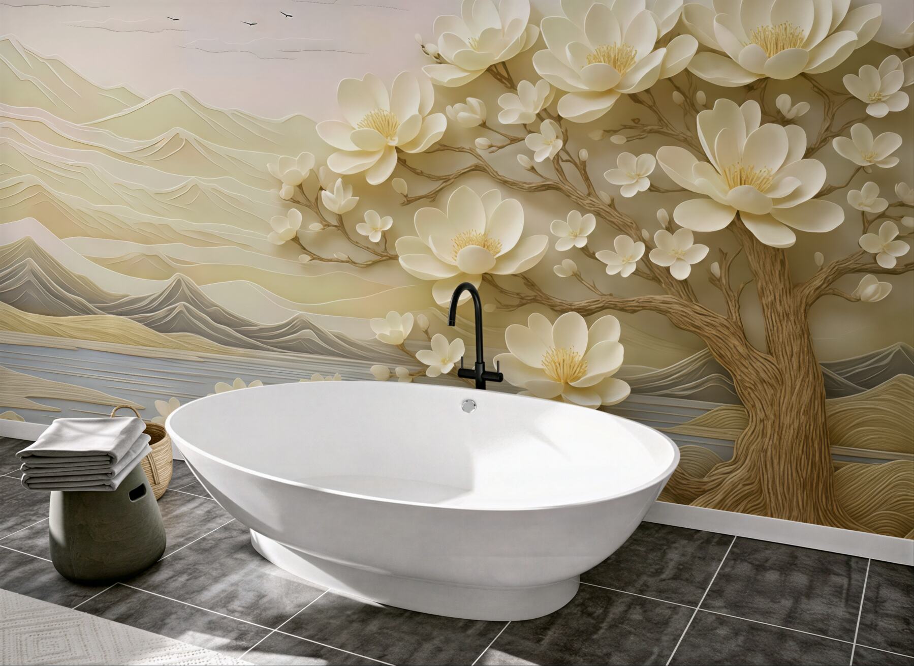 Fototapeta kremowa magnolia nad spokojnym jeziorem