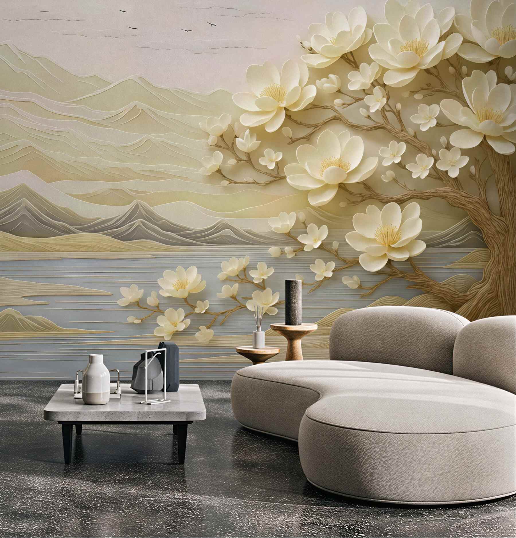 Fototapeta kremowa magnolia nad spokojnym jeziorem