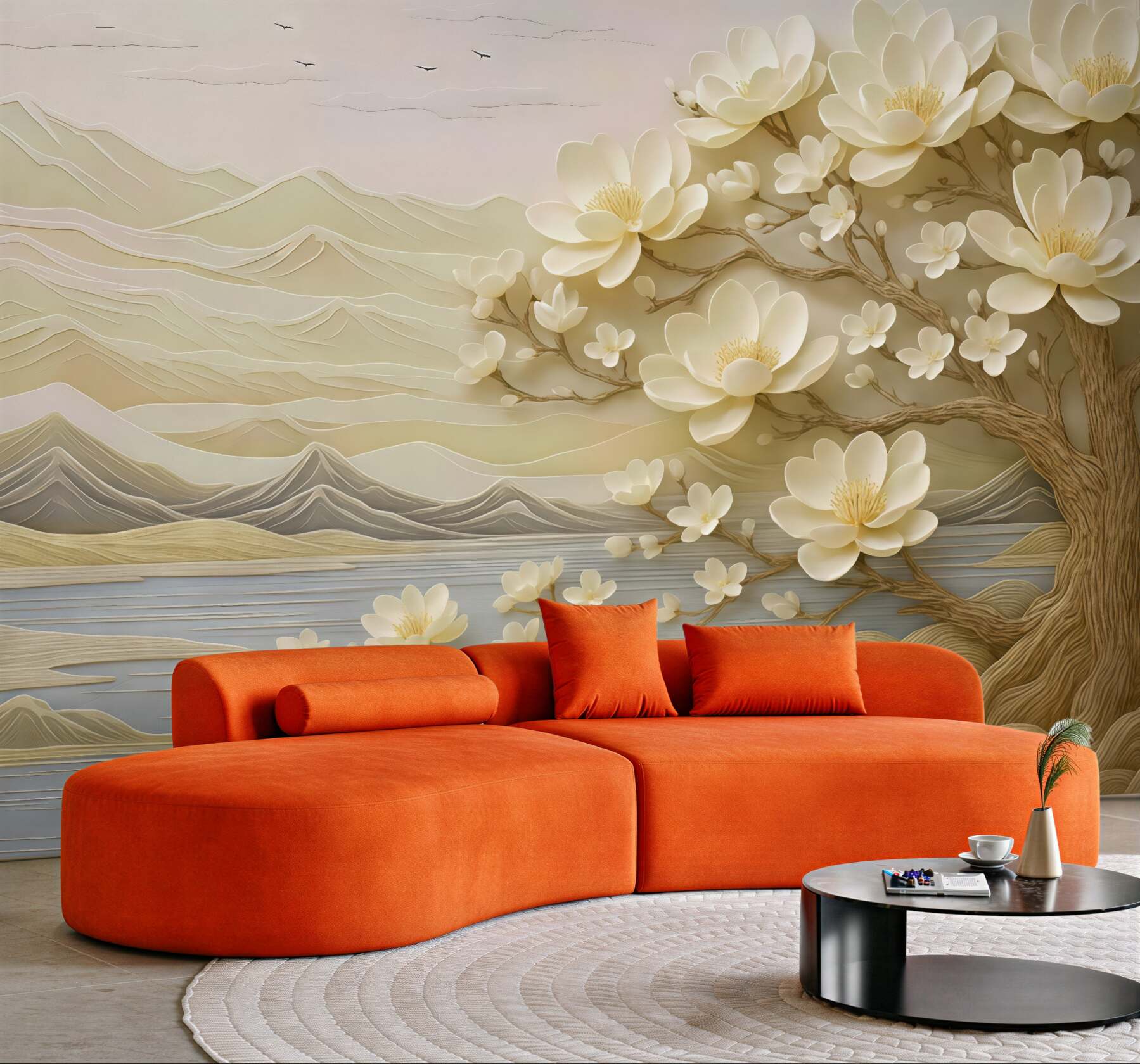 Fototapeta kremowa magnolia nad spokojnym jeziorem