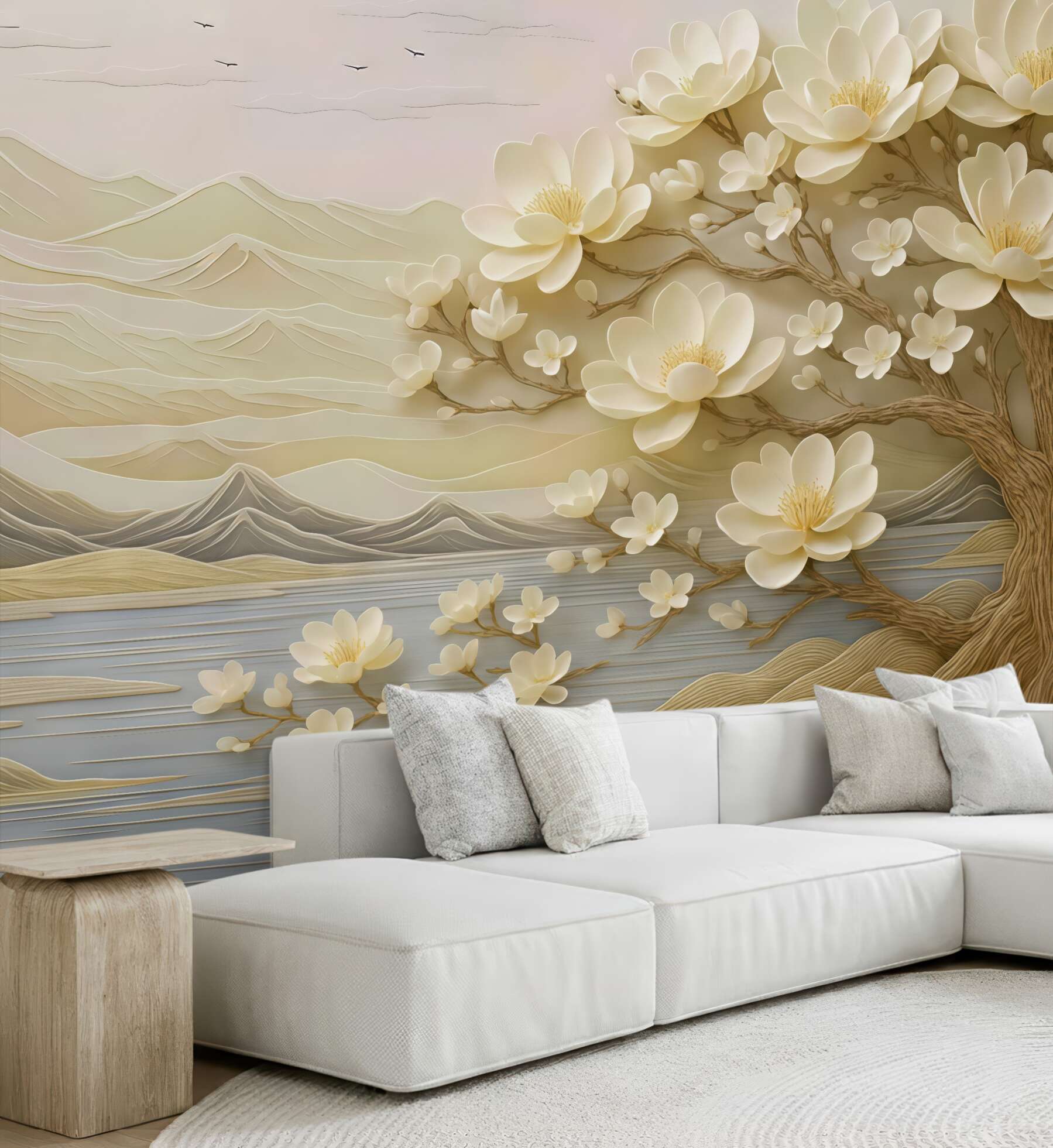 Fototapeta kremowa magnolia nad spokojnym jeziorem