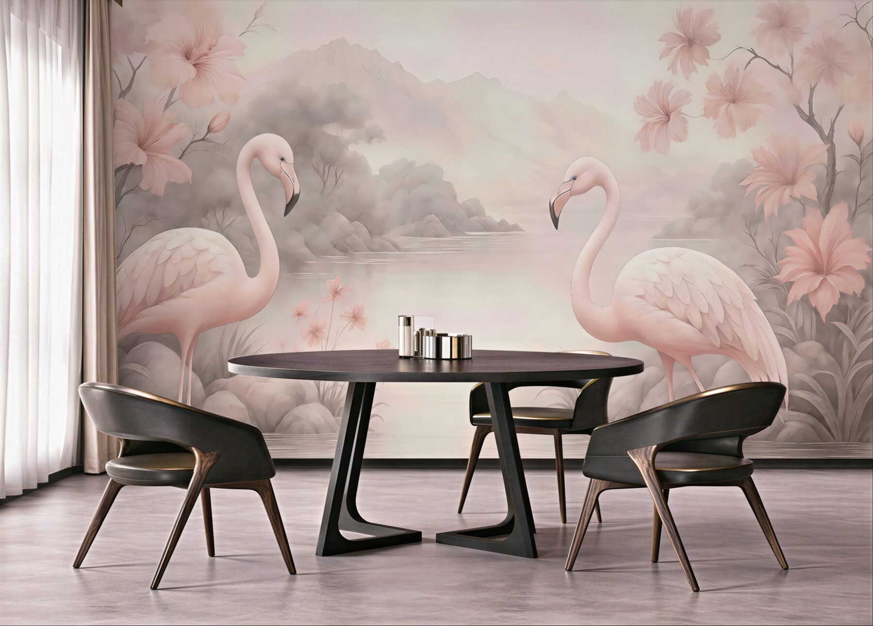 Fototapeta pastelowe flamingi nad spokojnym jeziorem