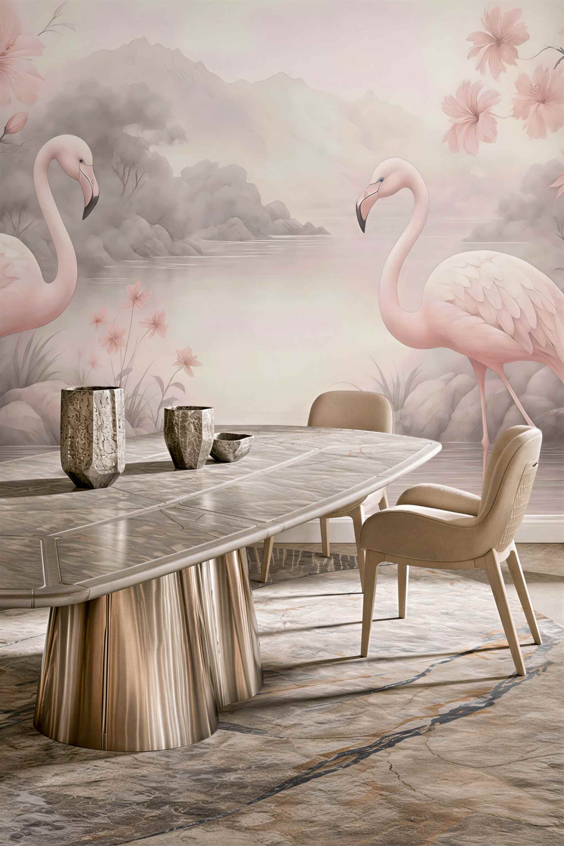 Fototapeta pastelowe flamingi nad spokojnym jeziorem