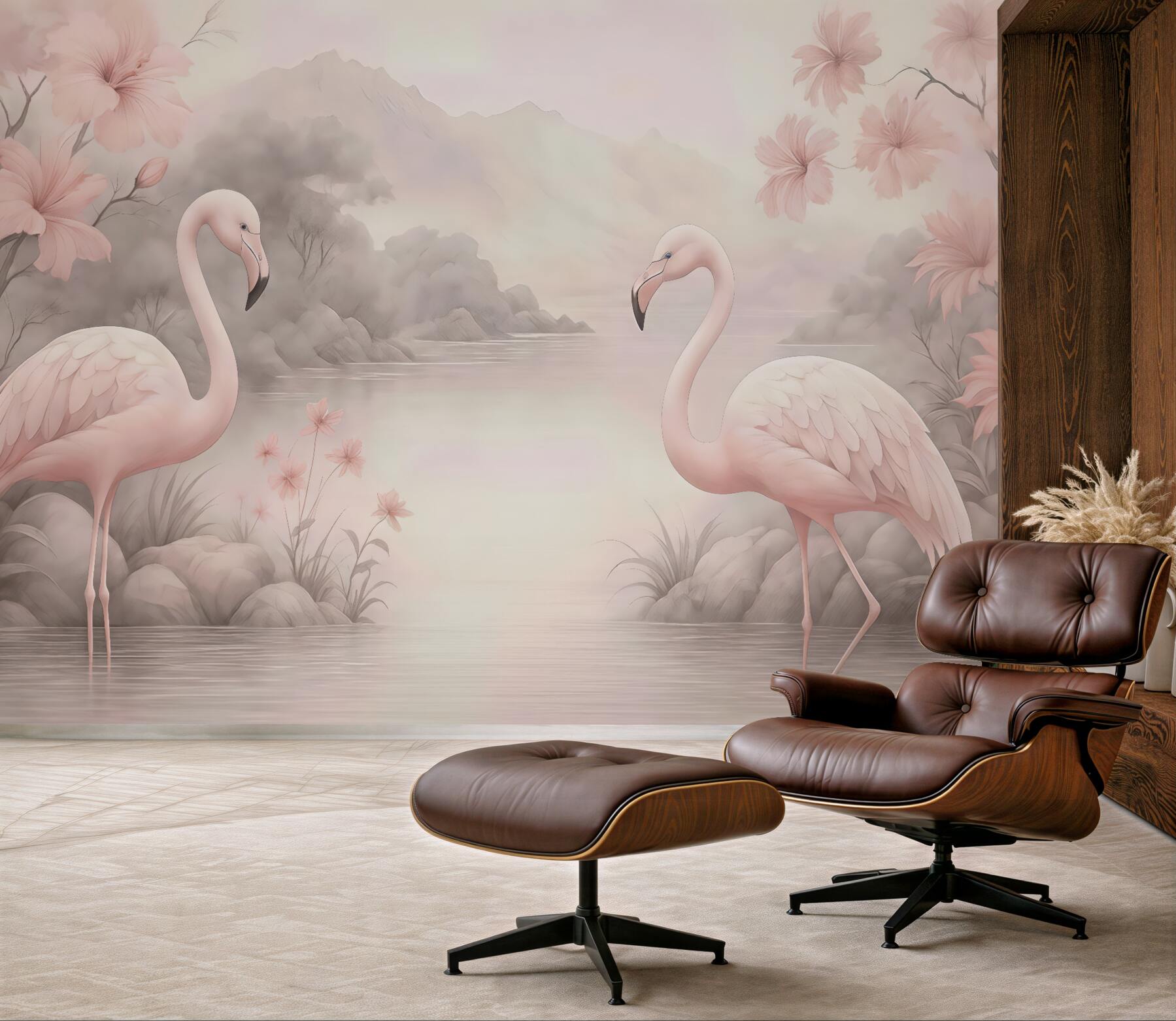 Fototapeta pastelowe flamingi nad spokojnym jeziorem
