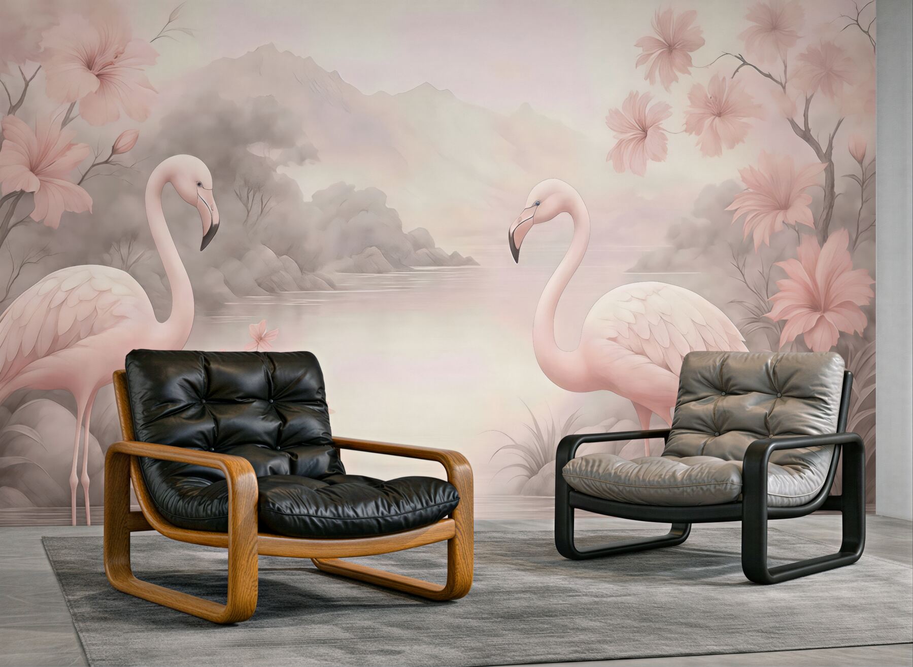Fototapeta pastelowe flamingi nad spokojnym jeziorem